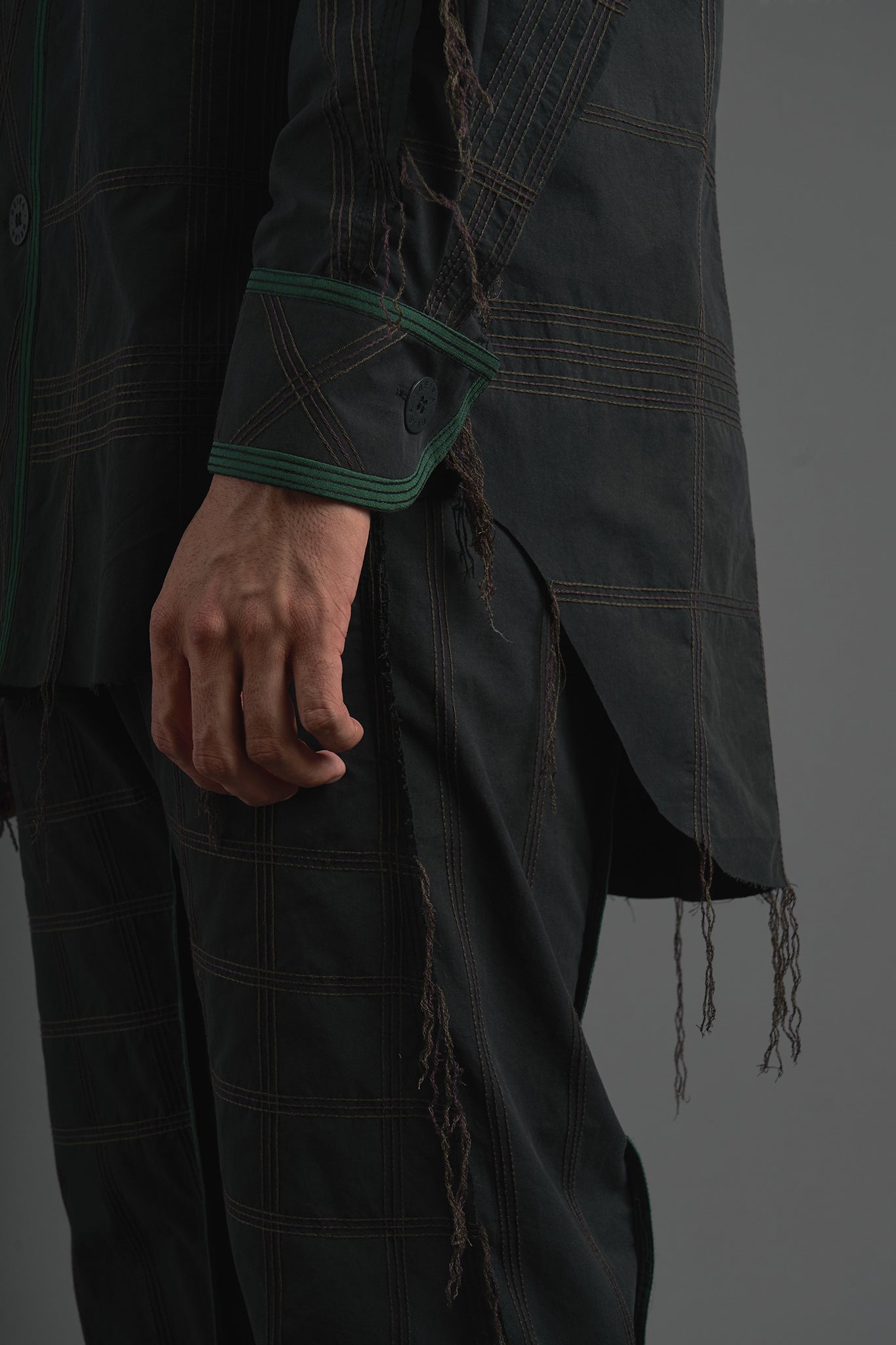 Cotton Fringed Topstitched Trousers - Black&Green
