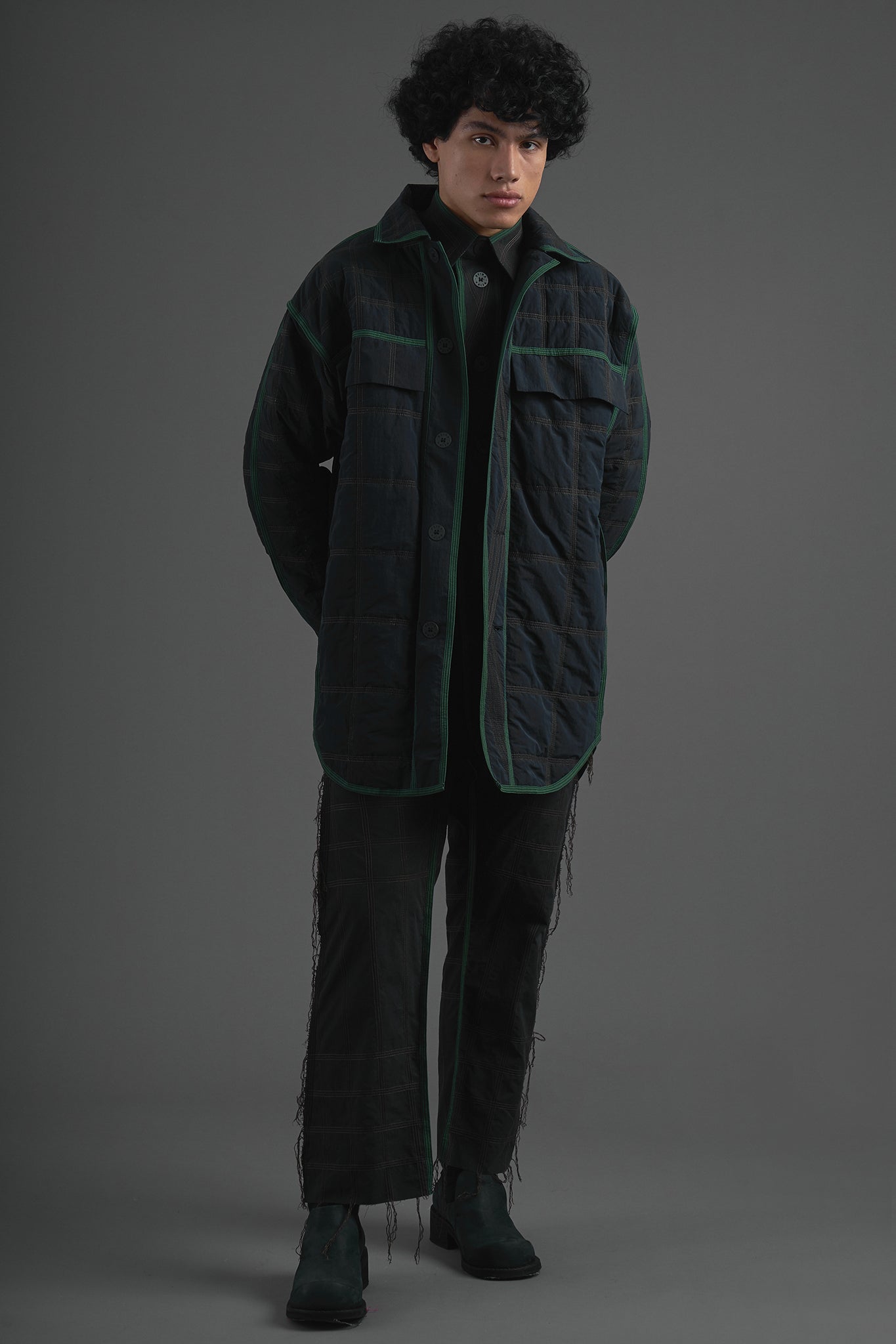Oversized Quilted Padded Coat - Black&Green