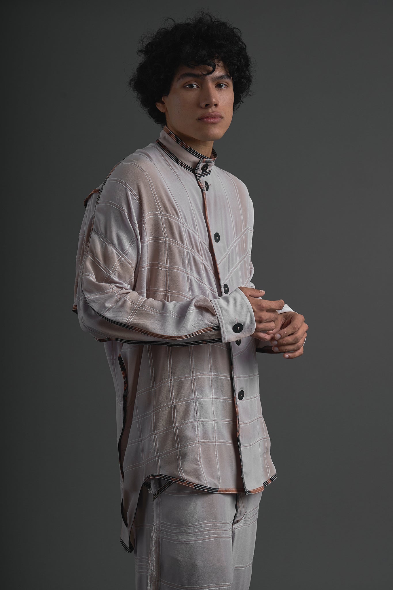 Silk Mid Neck Topstitched Shirt - Lilac