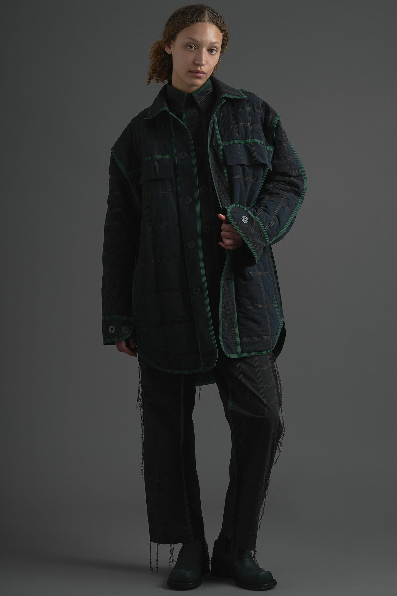 Oversized Quilted Padded Coat - Black&Green