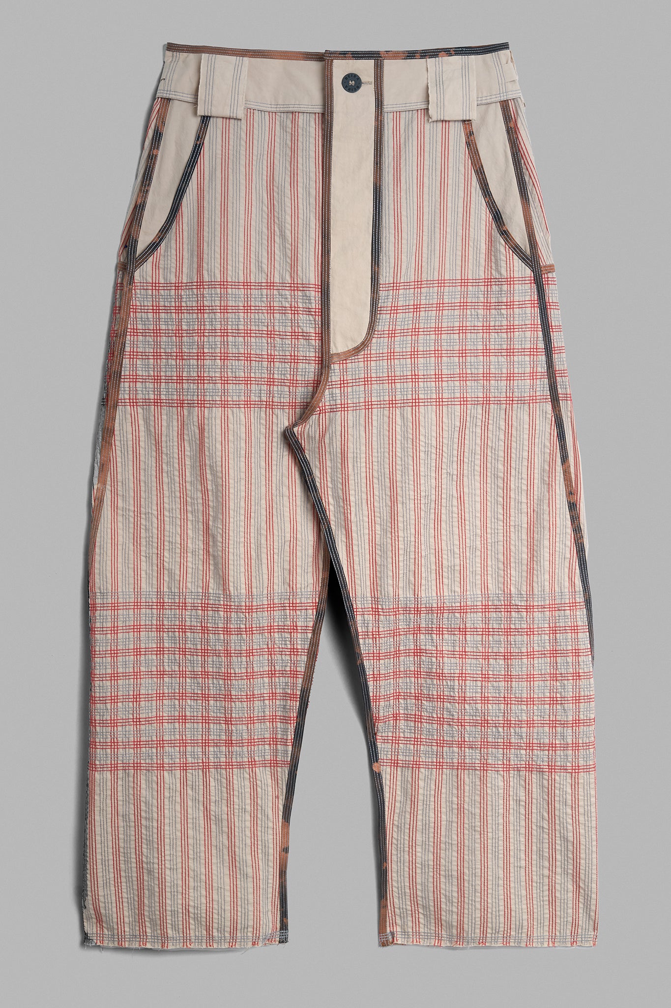 Cotton Topstitched Trousers - Beige