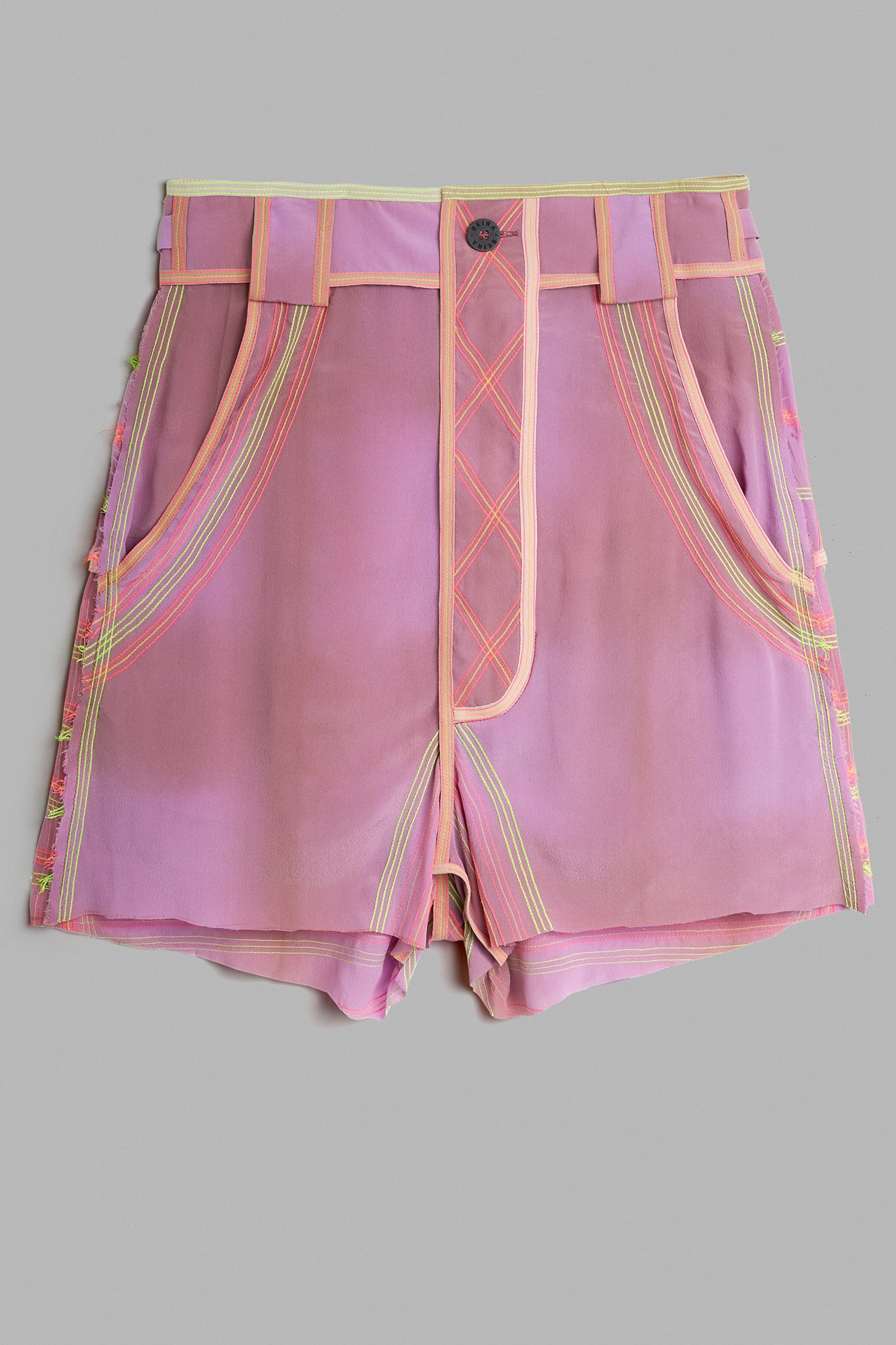 Topstitched Silk Shorts Side Buckle - Lilac