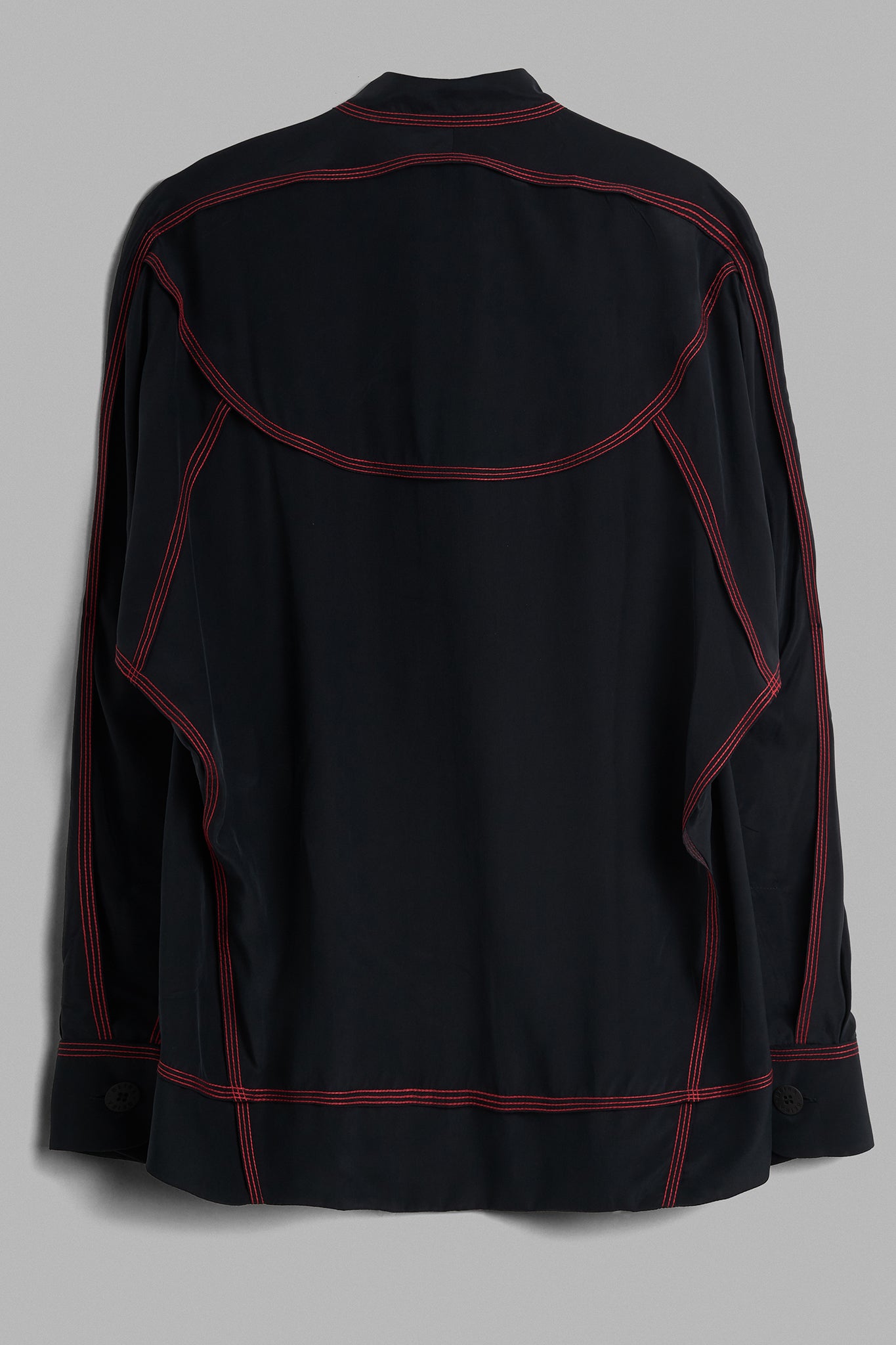 Silk Midi Neck Shirt Red Stitching - Black