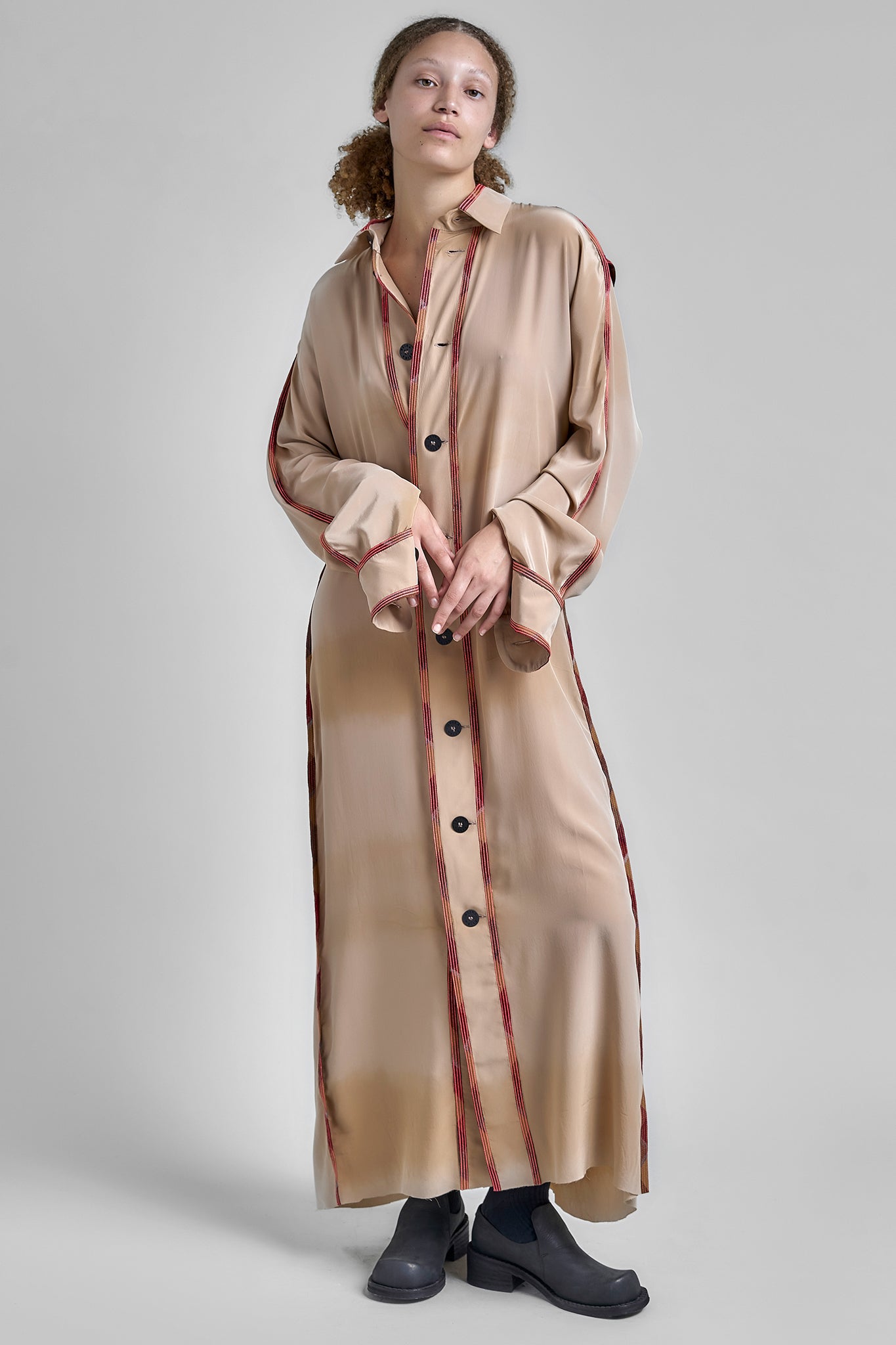 Silk Shirt Dress Jacquard Piping - Beige