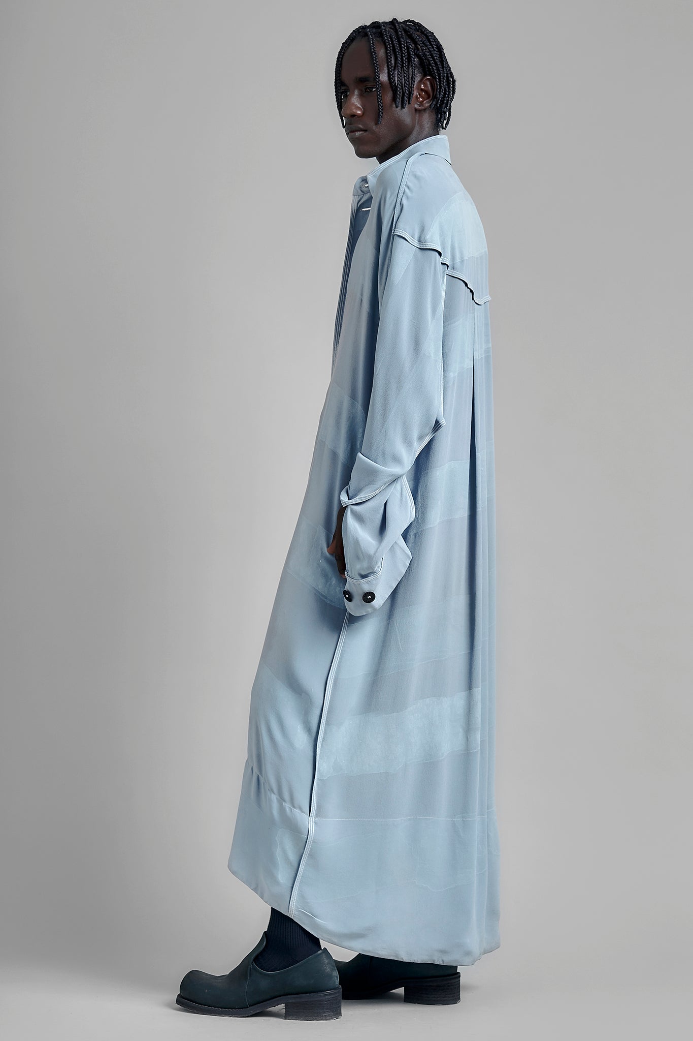 Handpainted Silk Shirt Dress - Blue