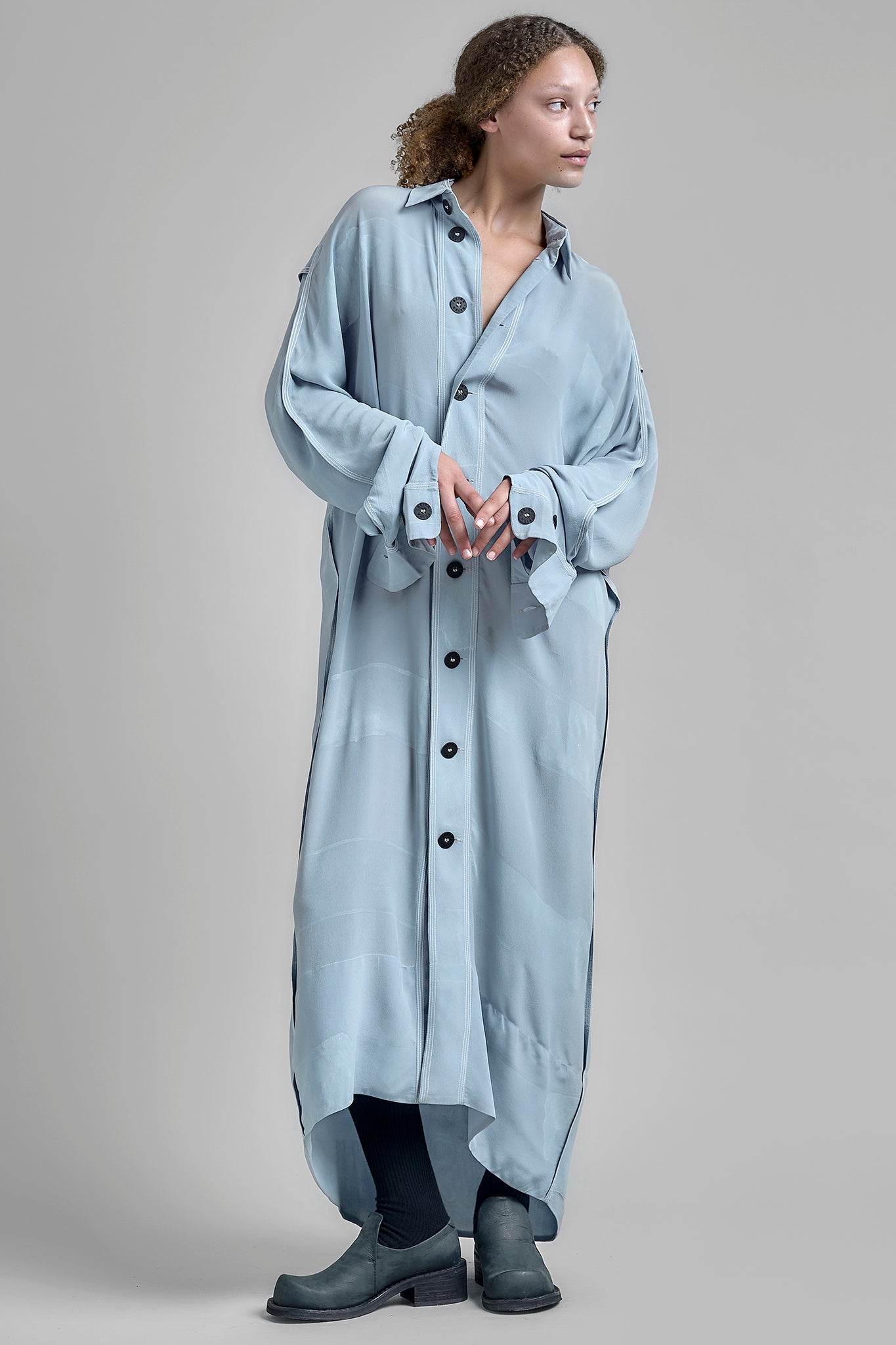 Handpainted Silk Shirt Dress - Blue