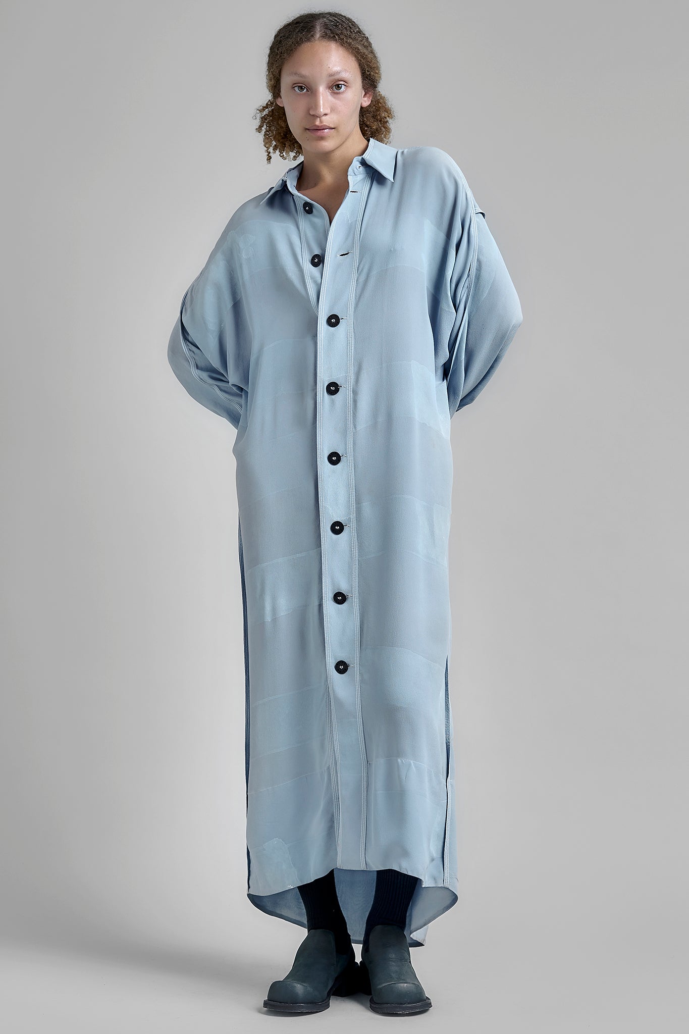 Handpainted Silk Shirt Dress - Blue