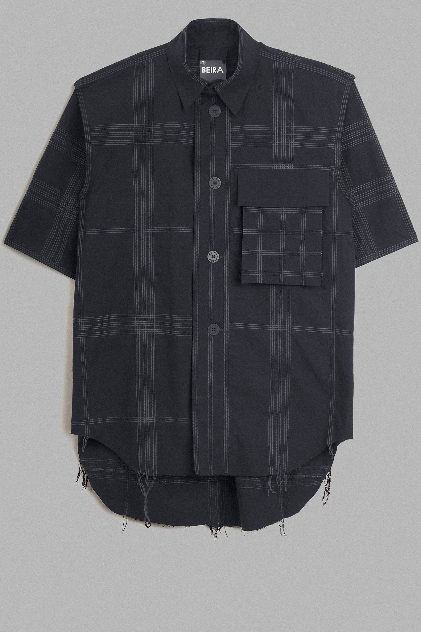 Topstitched Cotton Short Sleeve Shirt - Black