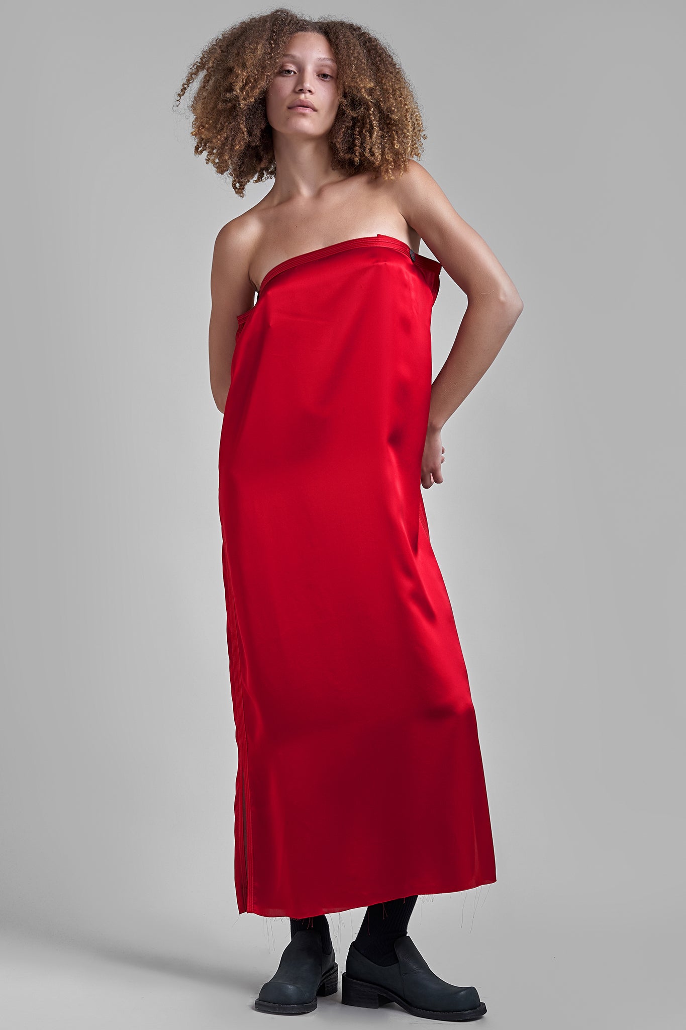 Satin Silk Bandeau Dress - Red