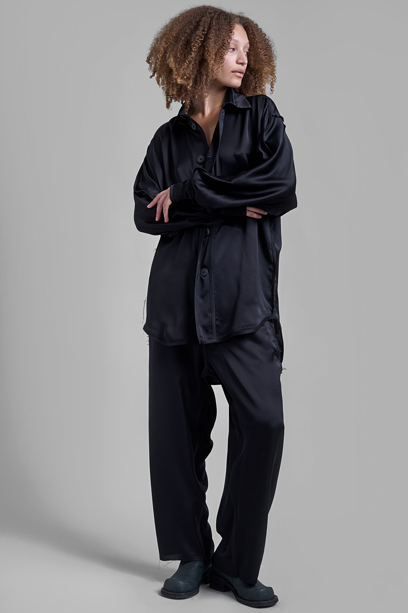 Satin Silk Long-Sleeved Shirt - Black