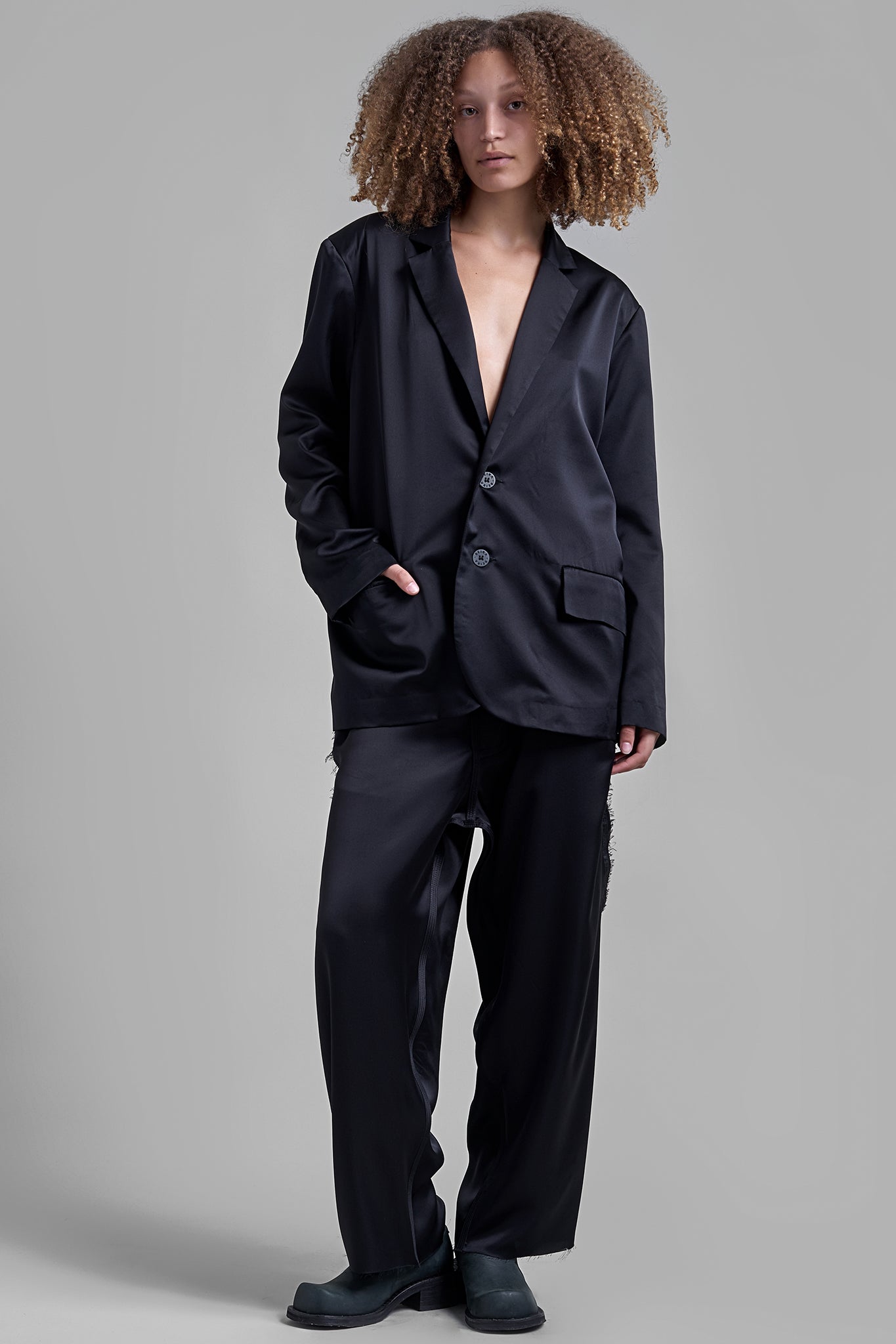 Satin Silk Suit Jacket - Black