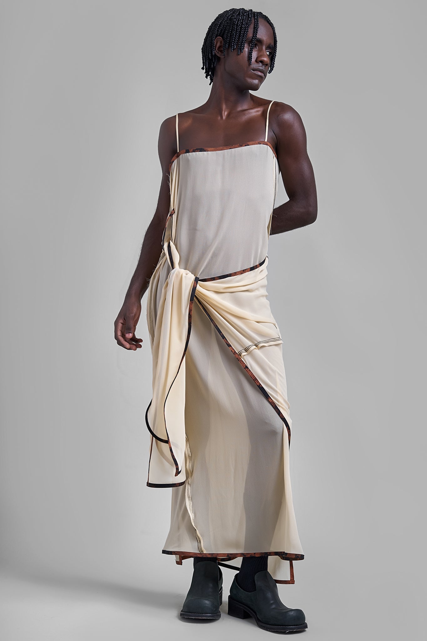 V-Neck Tie Silk Dress - Sand