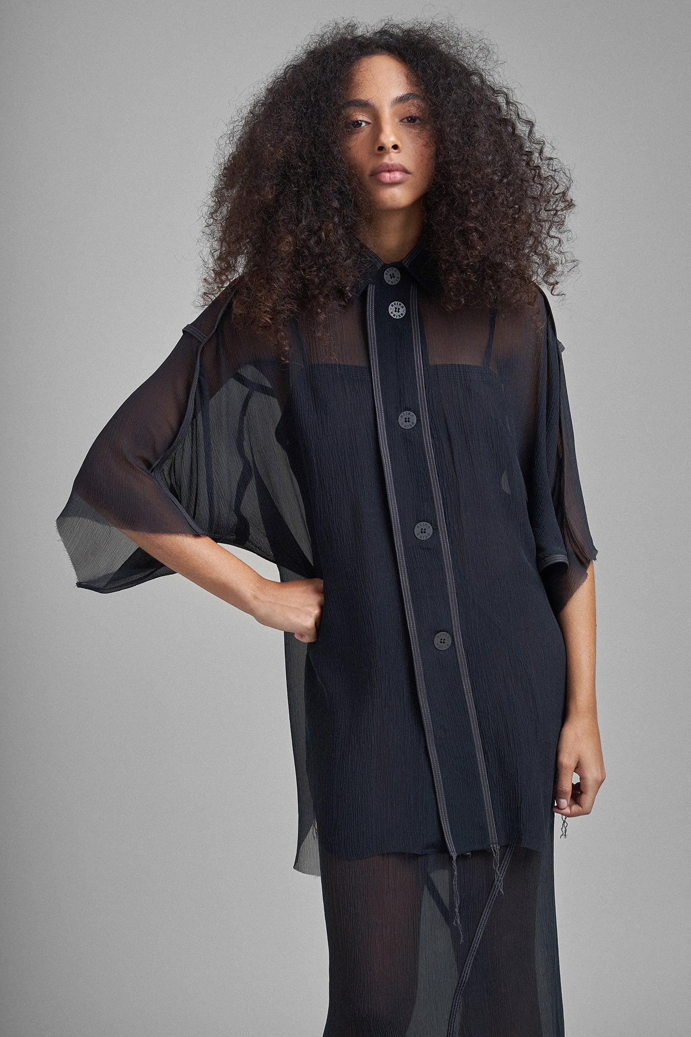 Chiffon Silk Button-up Shirt - Black