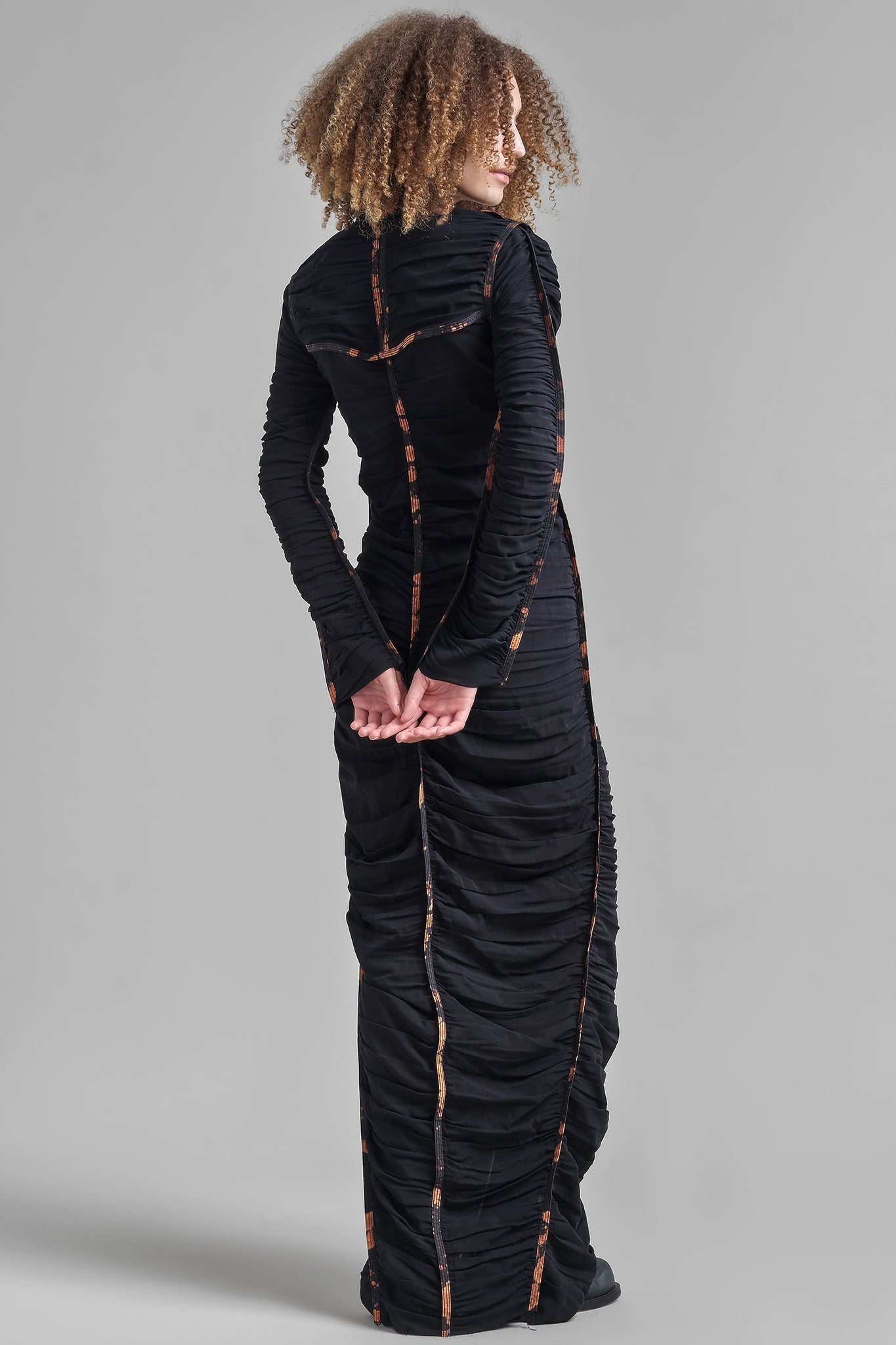 Ruched Silk Maxi Dress - Black