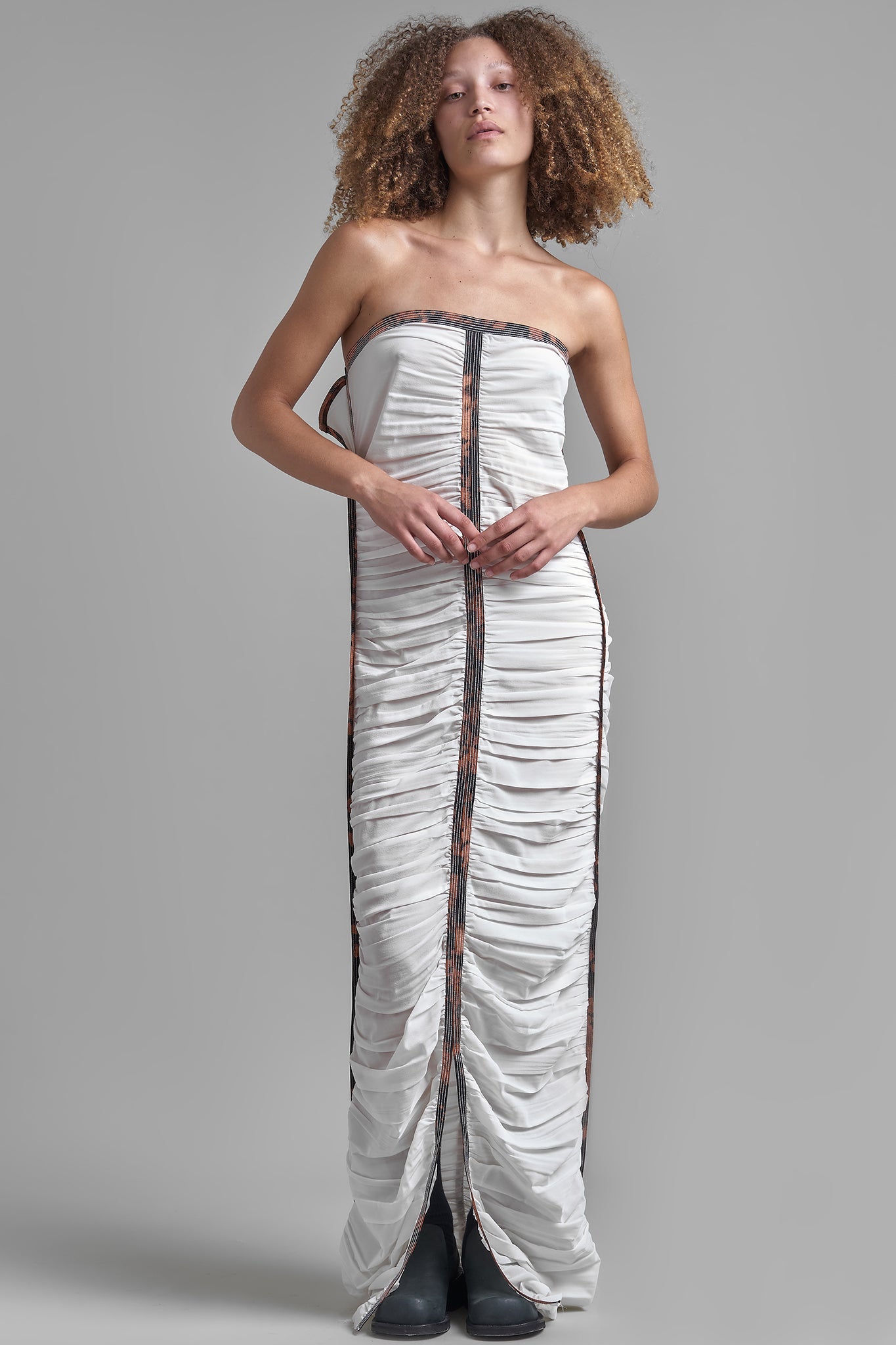 Ruched Silk Bandeau Maxi Dress - White