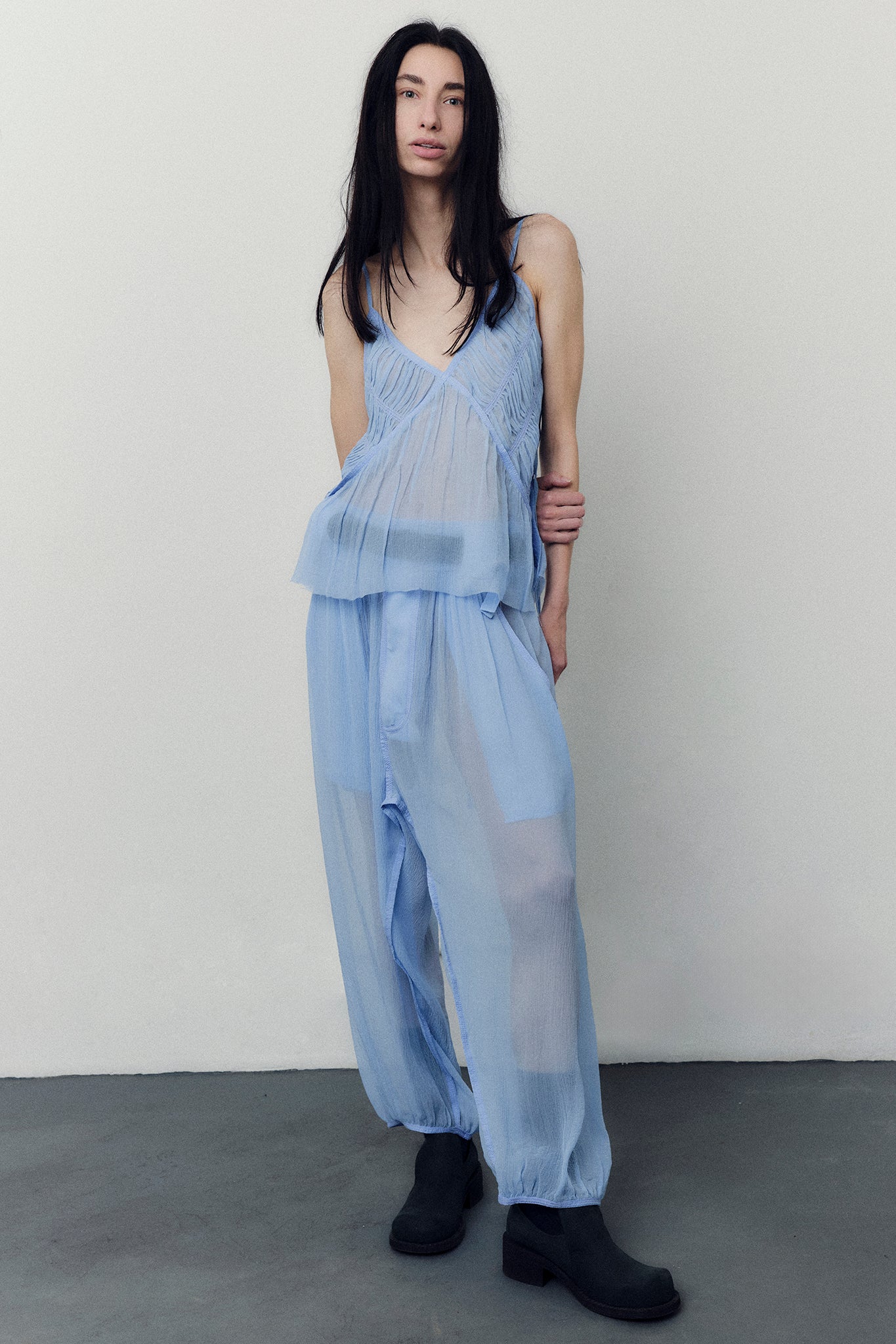 Silk Chiffon Draped V-Neck Top - Blue