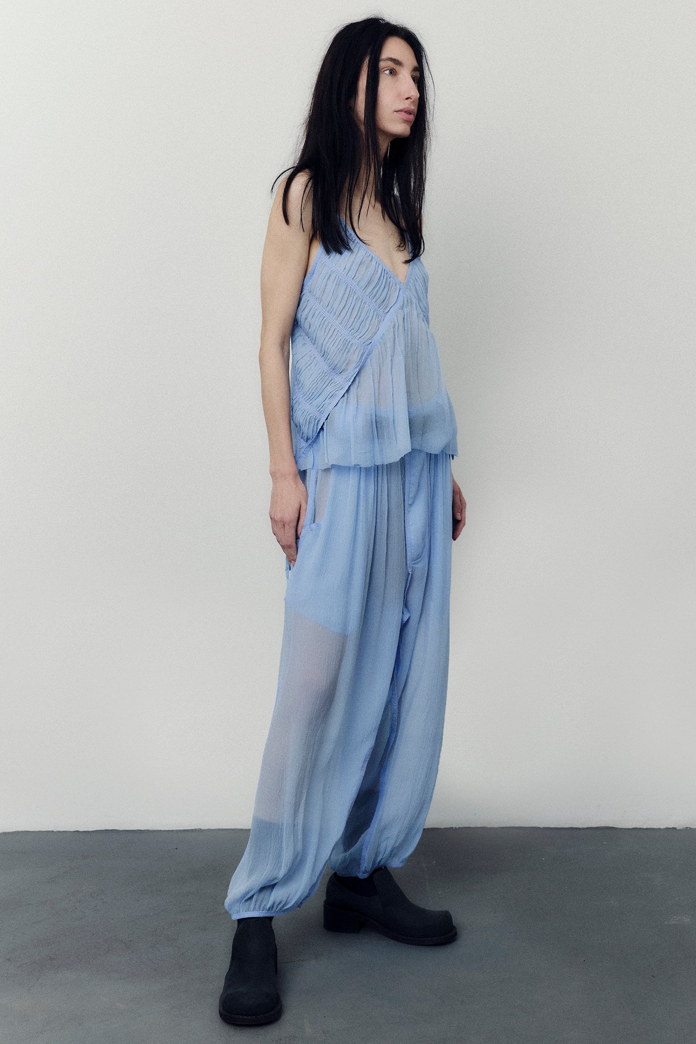 Silk Chiffon Draped V-Neck Top - Blue