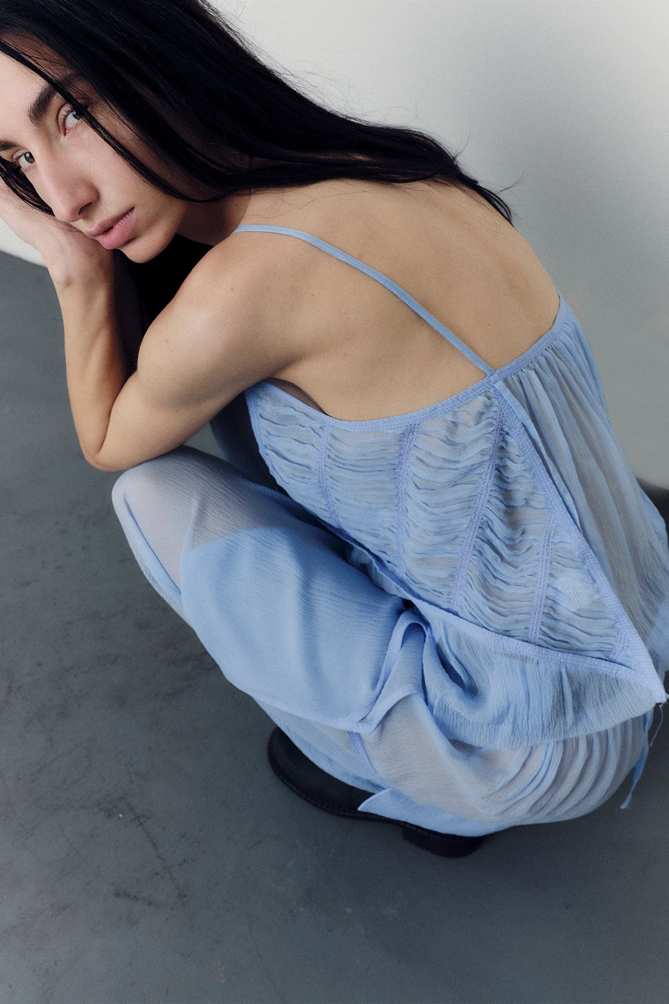 Silk Chiffon Draped V-Neck Top - Blue