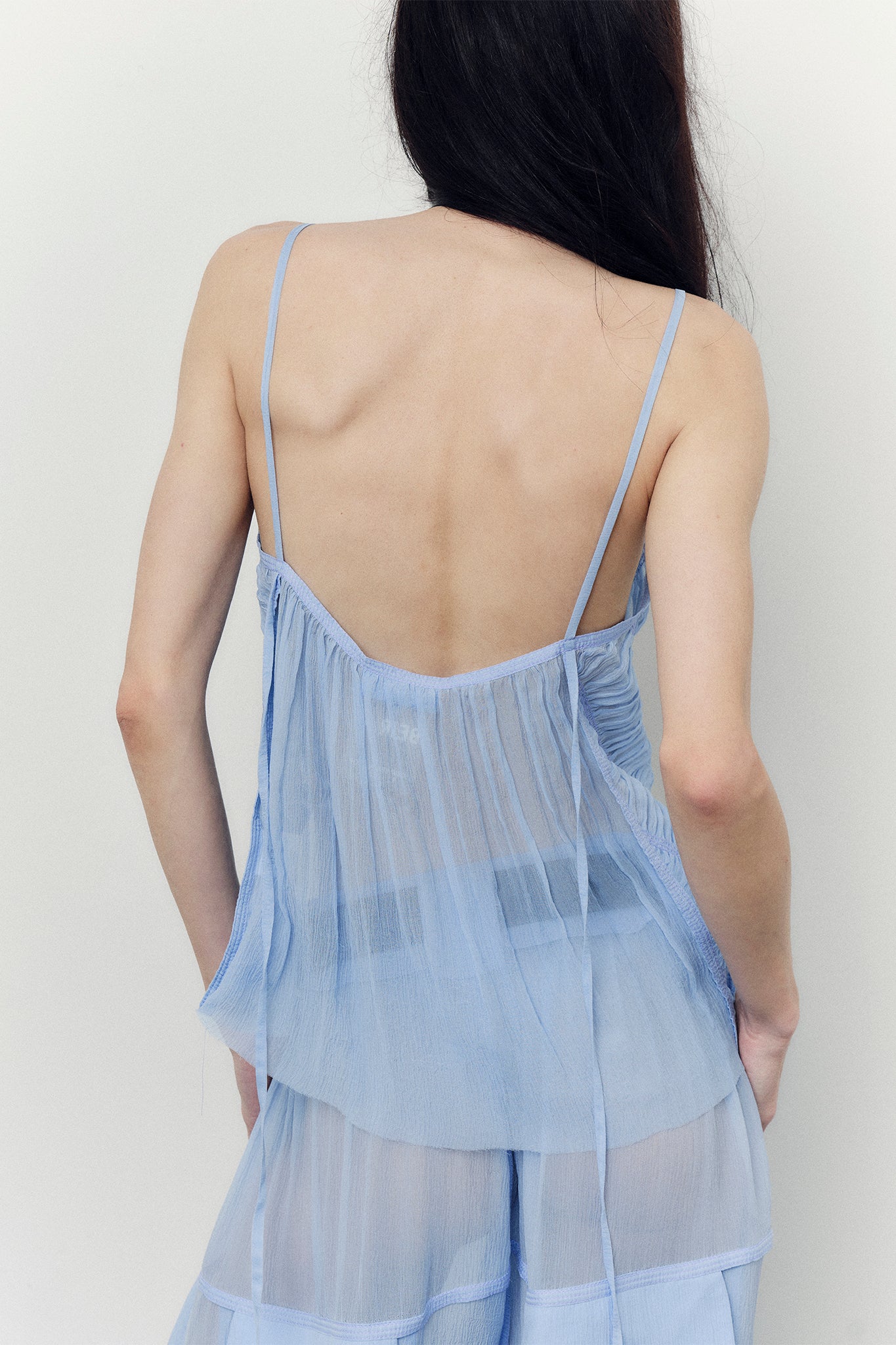 Silk Chiffon Draped V-Neck Top - Blue