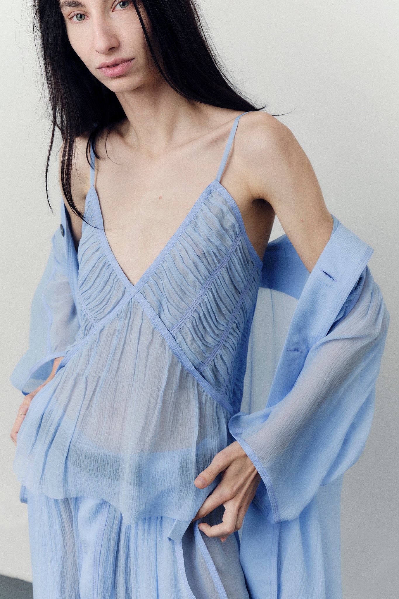 Silk Chiffon Draped V-Neck Top - Blue