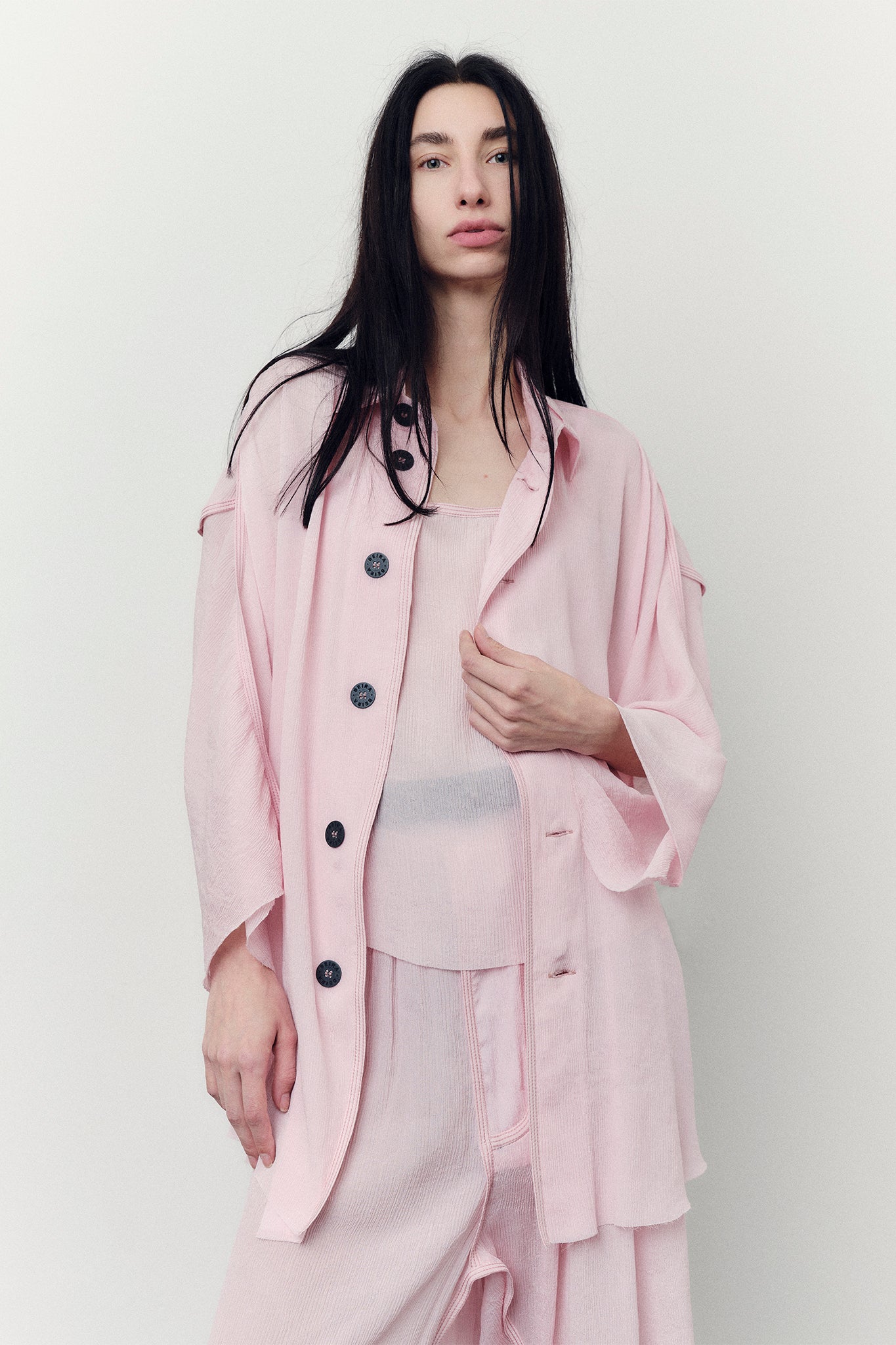 Textured Silk Oversize-Fit Shirt - Peach Pink