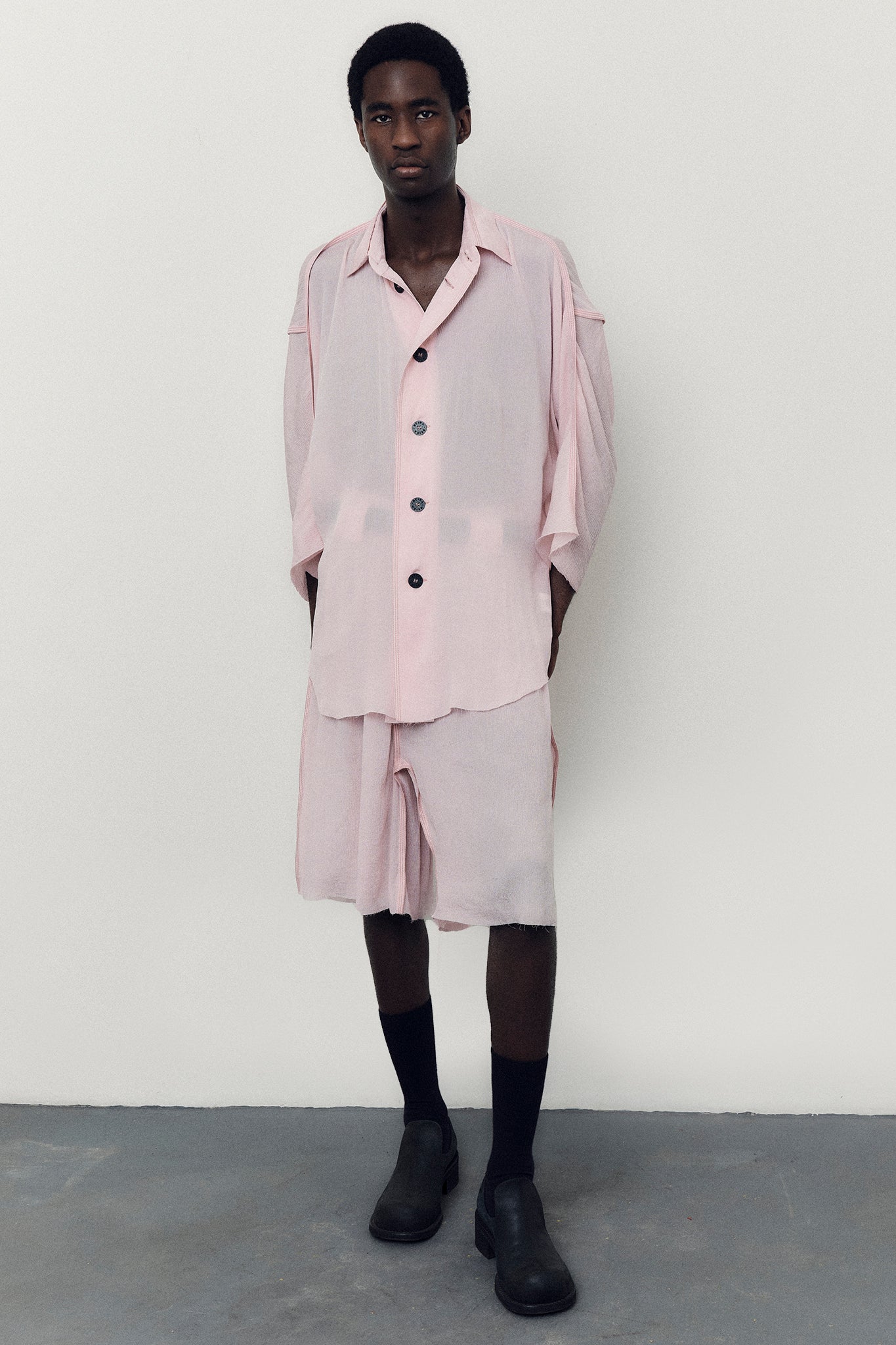 Textured Silk Bermuda Shorts with Gathereds - Peach Pink