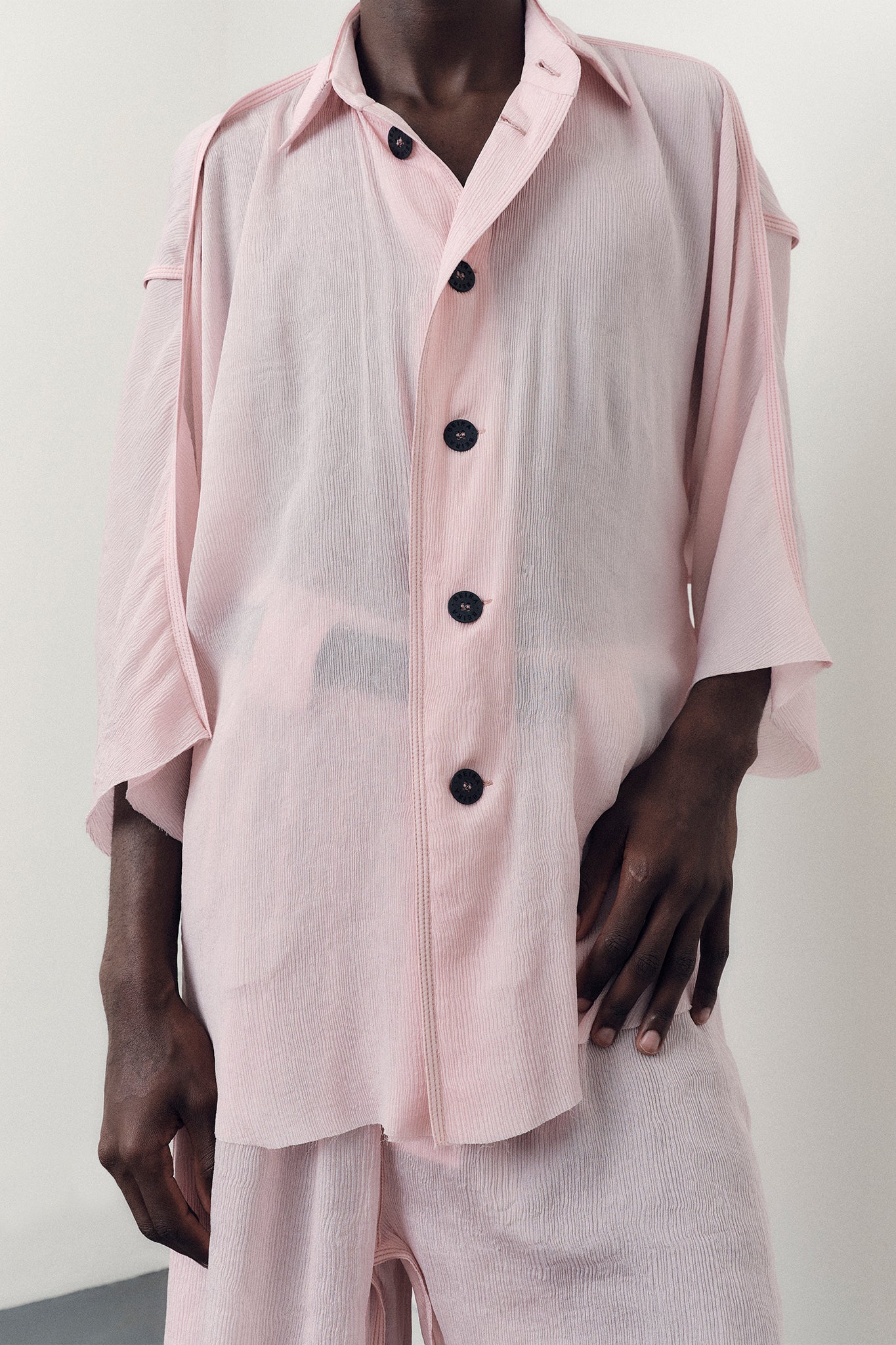 Textured Silk Oversize-Fit Shirt - Peach Pink