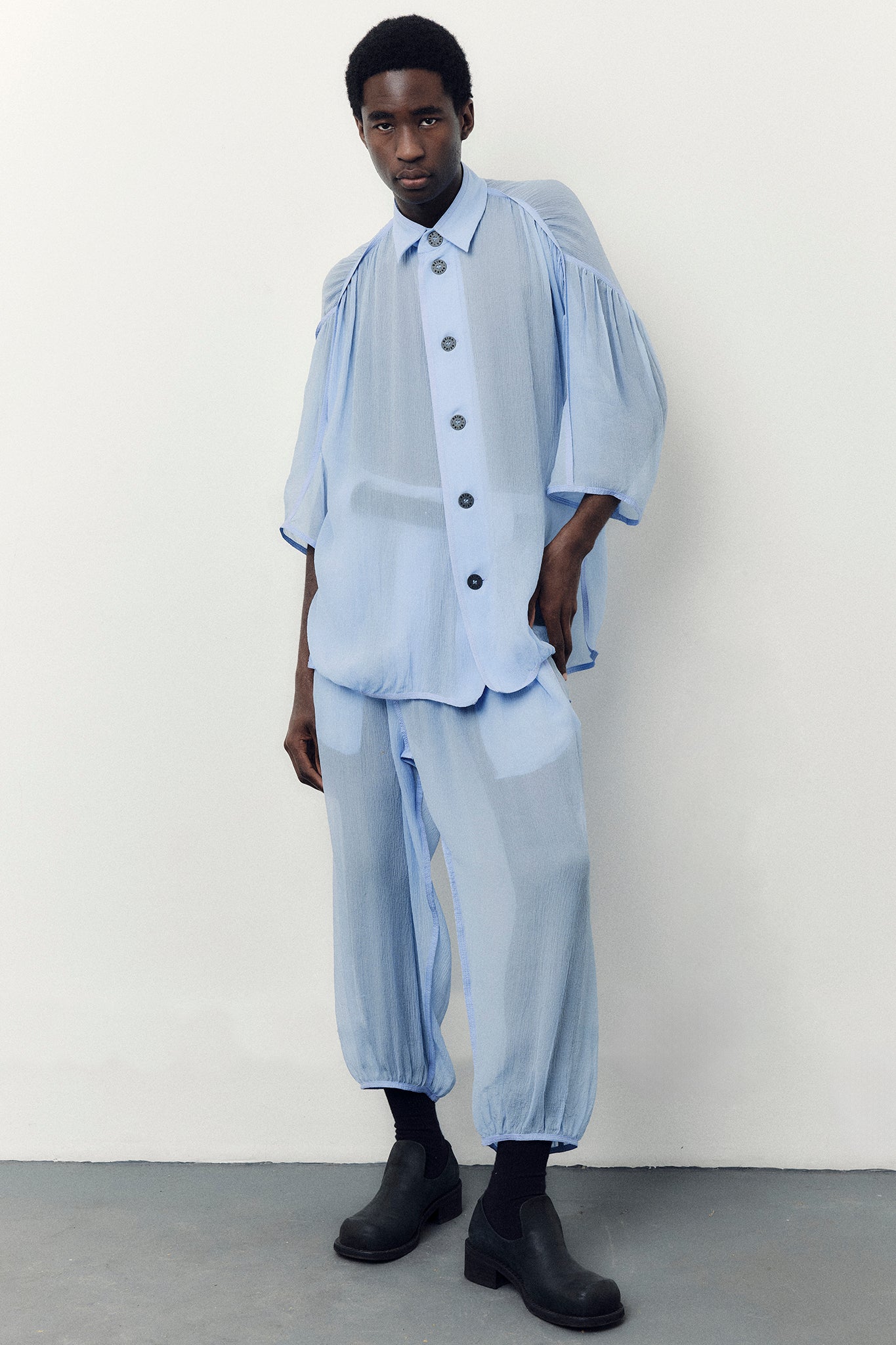 Silk Oversize-Fit Gathered Shirt - Blue