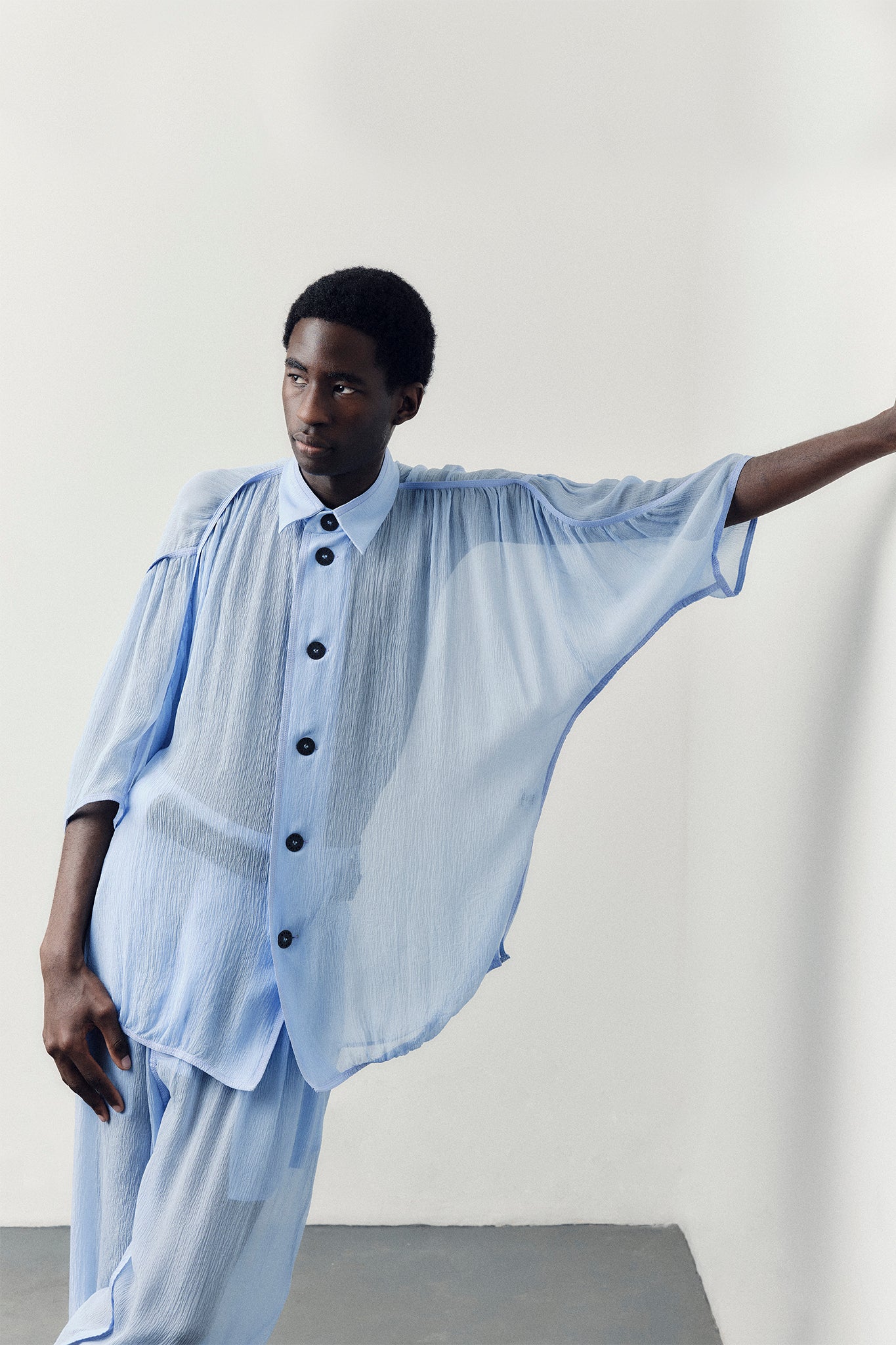Silk Oversize-Fit Gathered Shirt - Blue