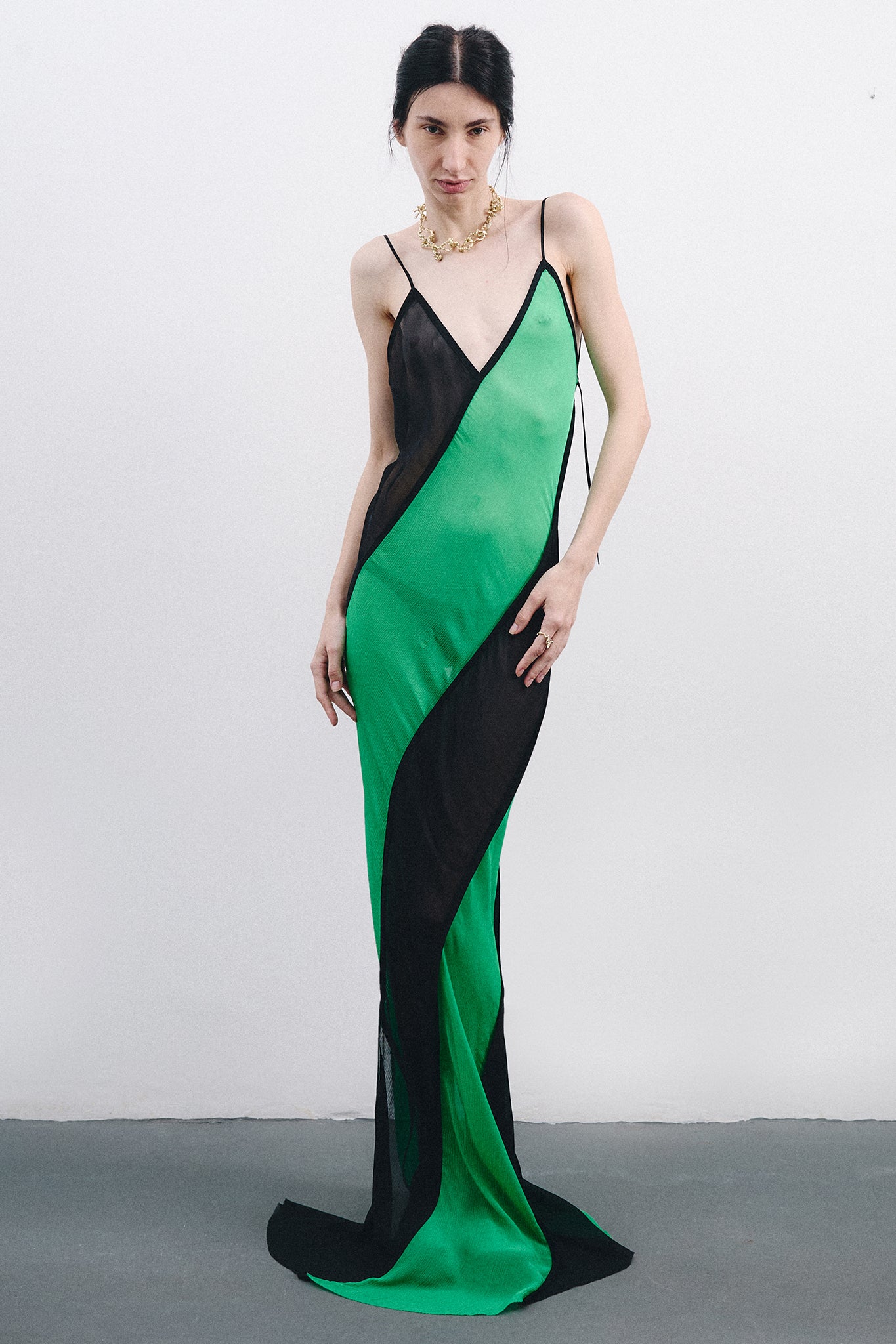 Silk Chiffon Spiral Dress - Black&Green