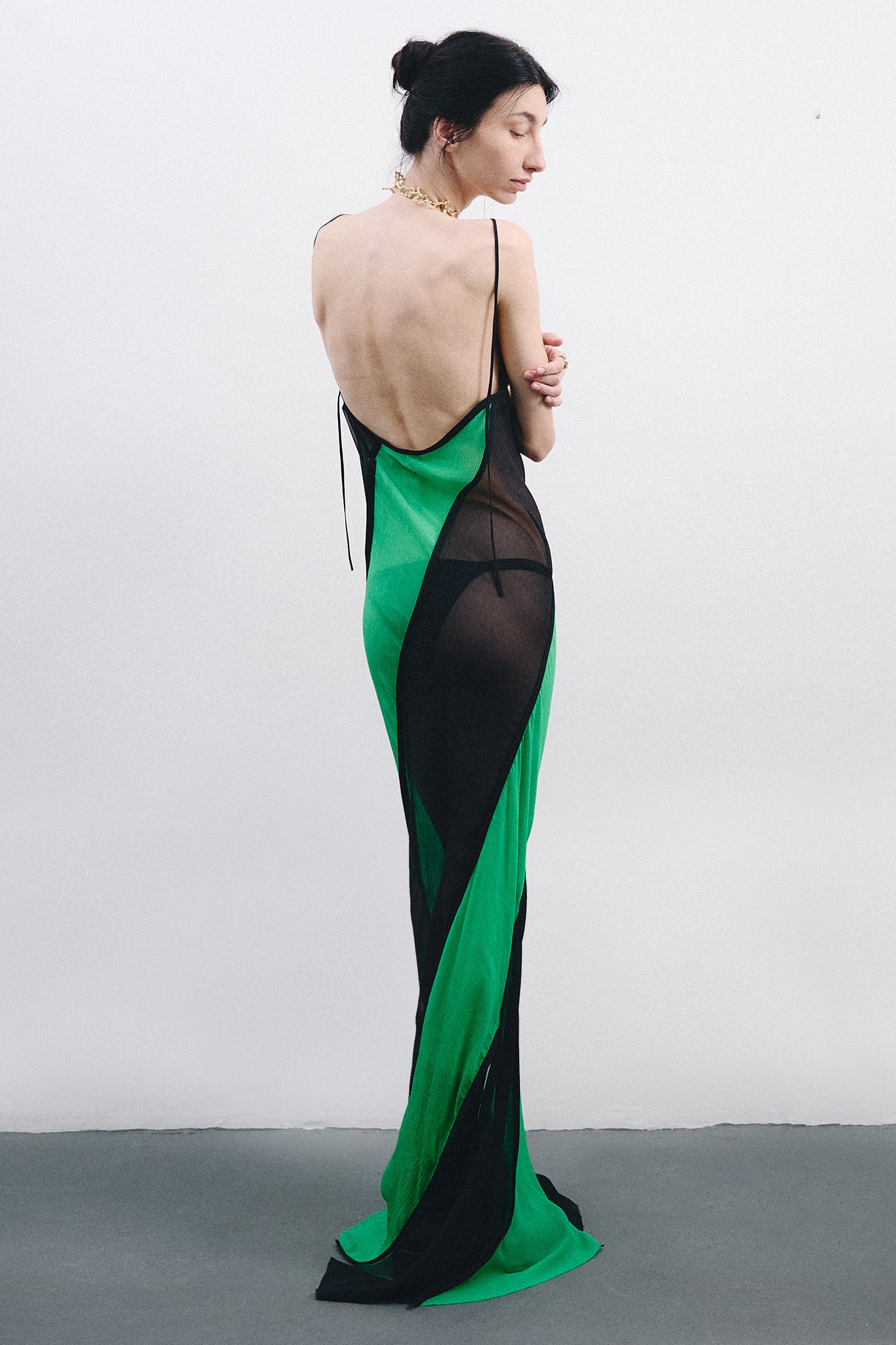 Silk Chiffon Spiral Dress - Black&Green
