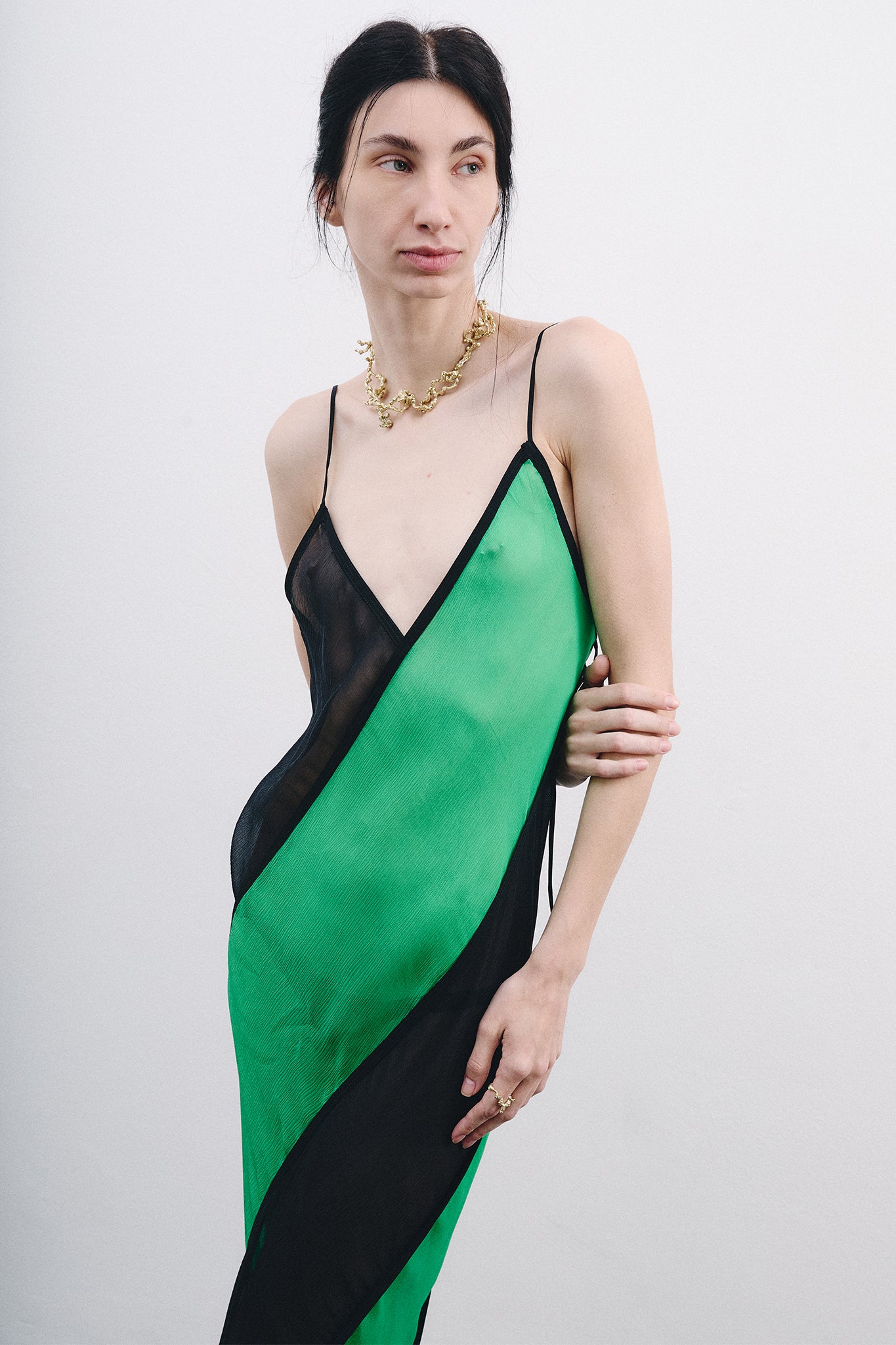 Silk Chiffon Spiral Dress - Black&Green