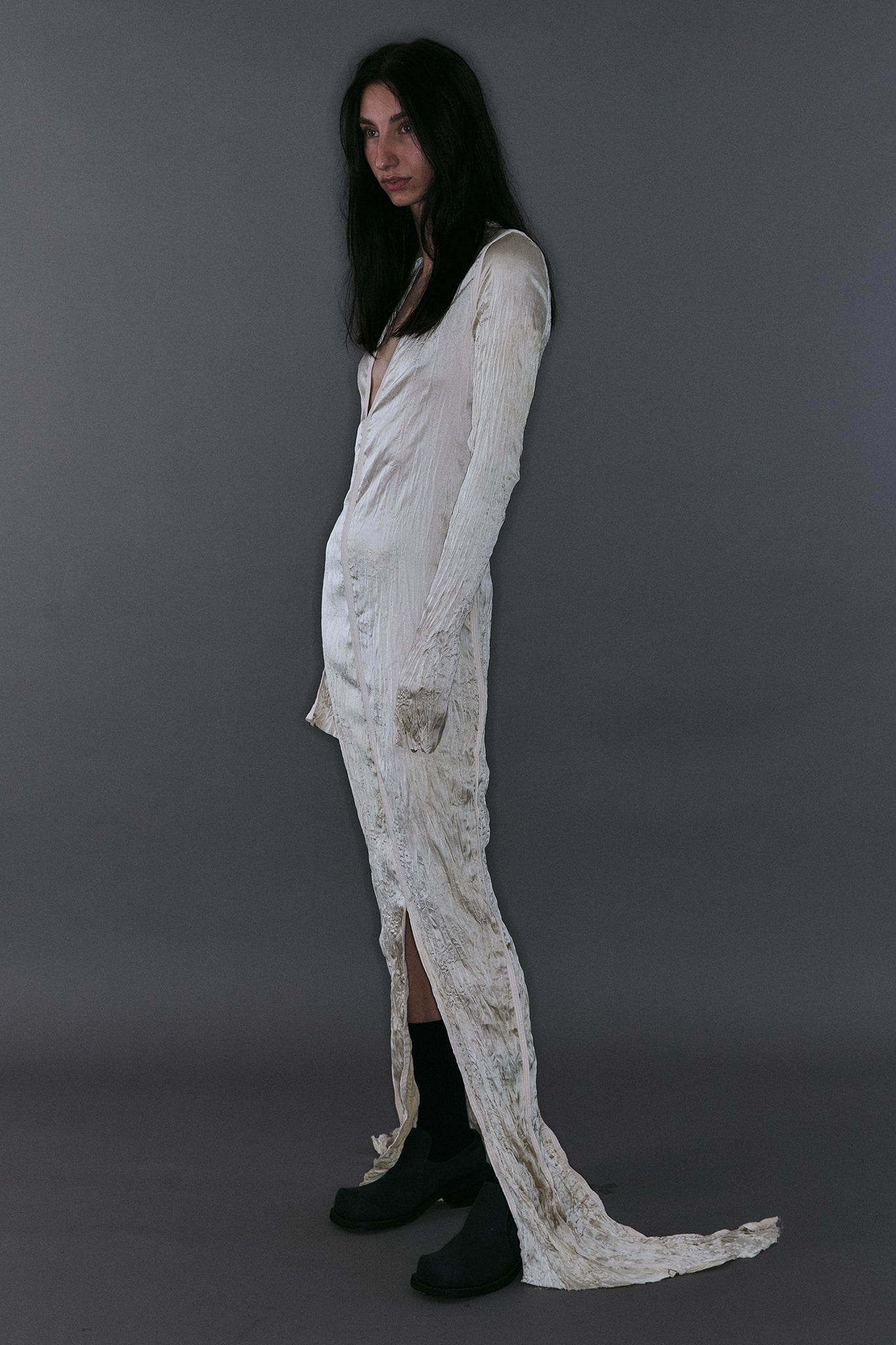 V-Neck Pleated Silk Maxi Dress - Off-White