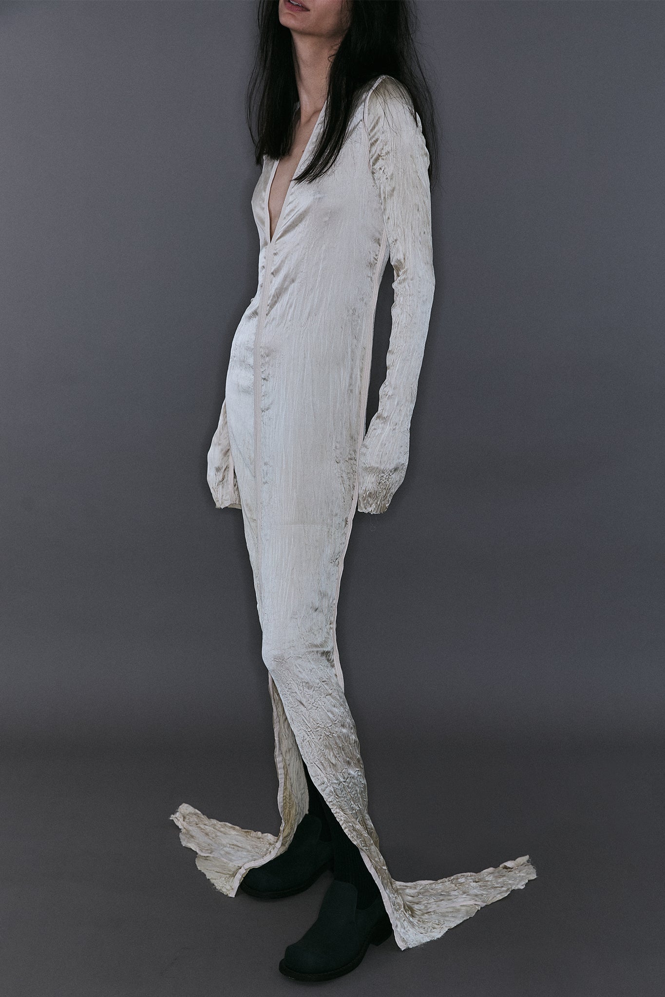 V-Neck Pleated Silk Maxi Dress - Off-White