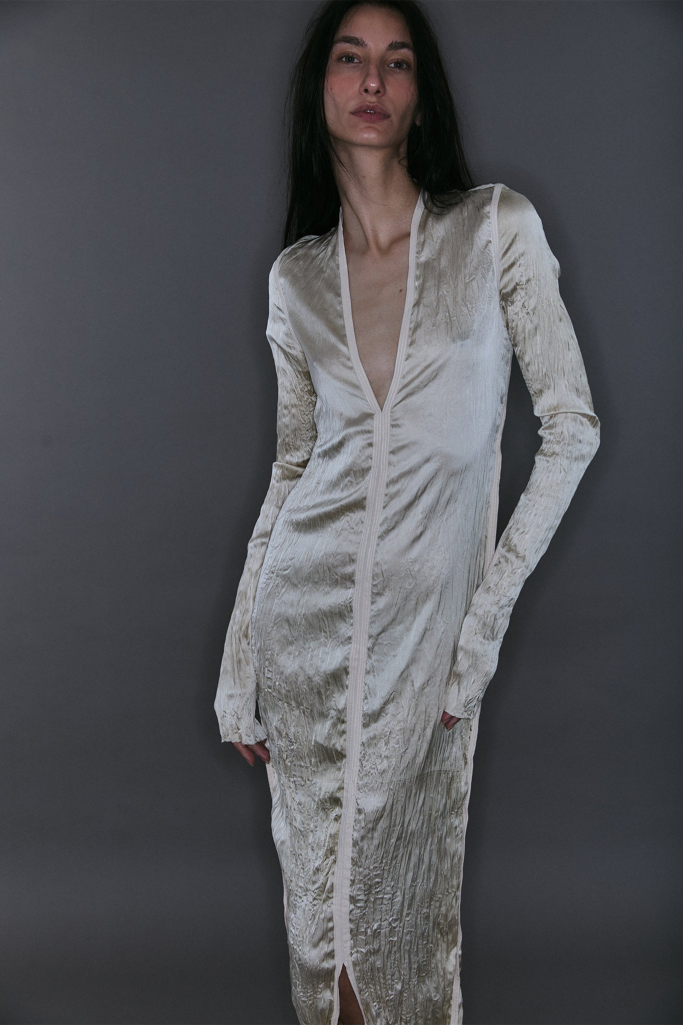 V-Neck Pleated Silk Maxi Dress - Off-White