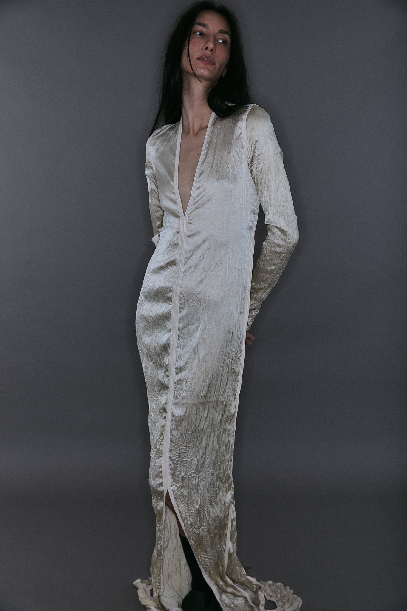 V-Neck Pleated Silk Maxi Dress - Off-White