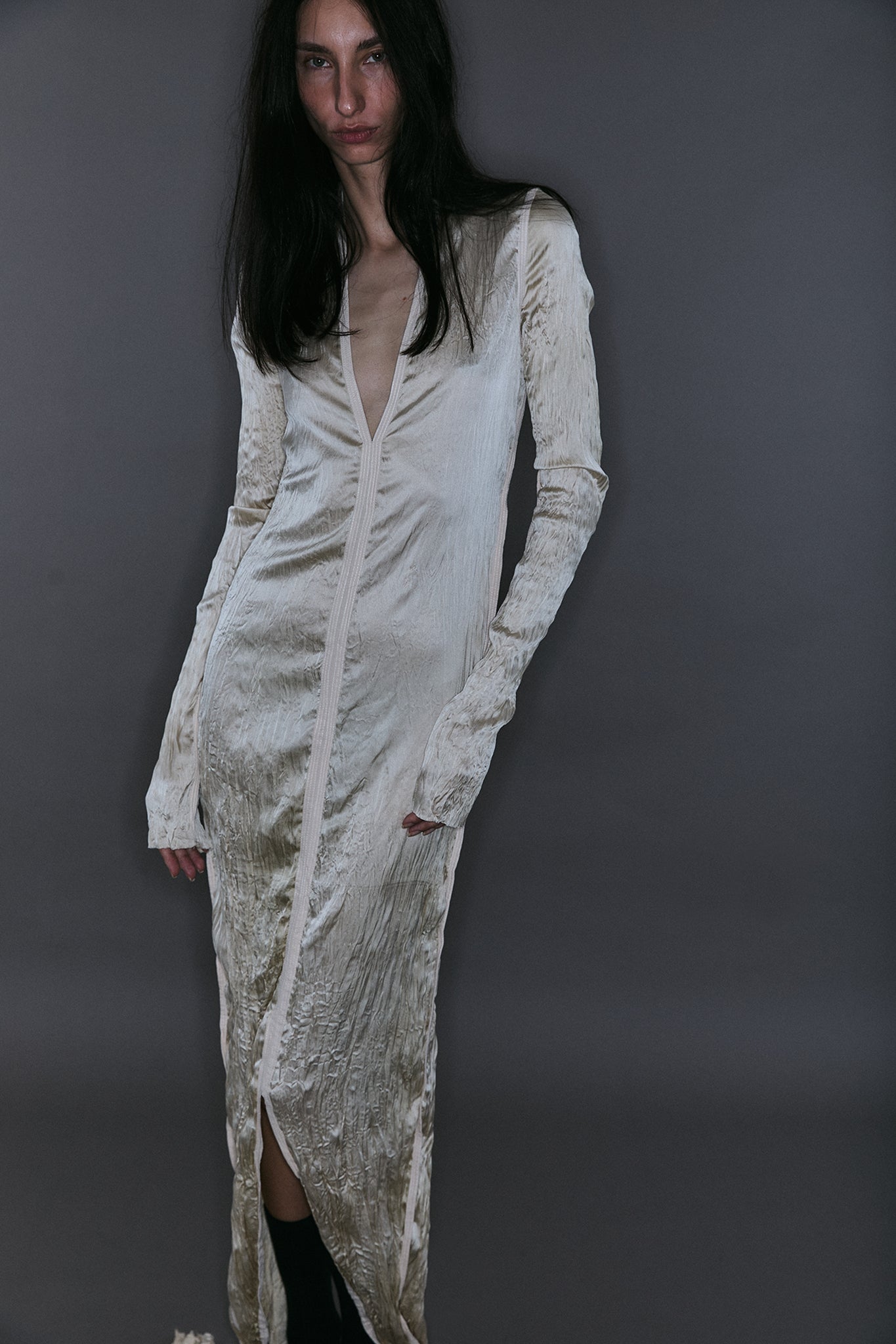 V-Neck Pleated Silk Maxi Dress - Off-White