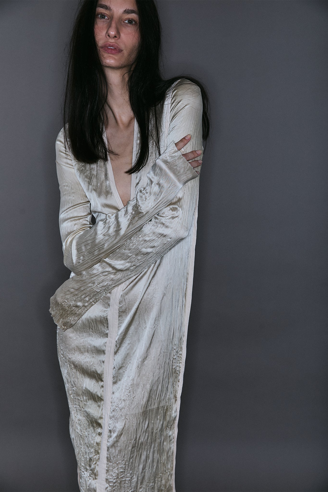 V-Neck Pleated Silk Maxi Dress - Off-White