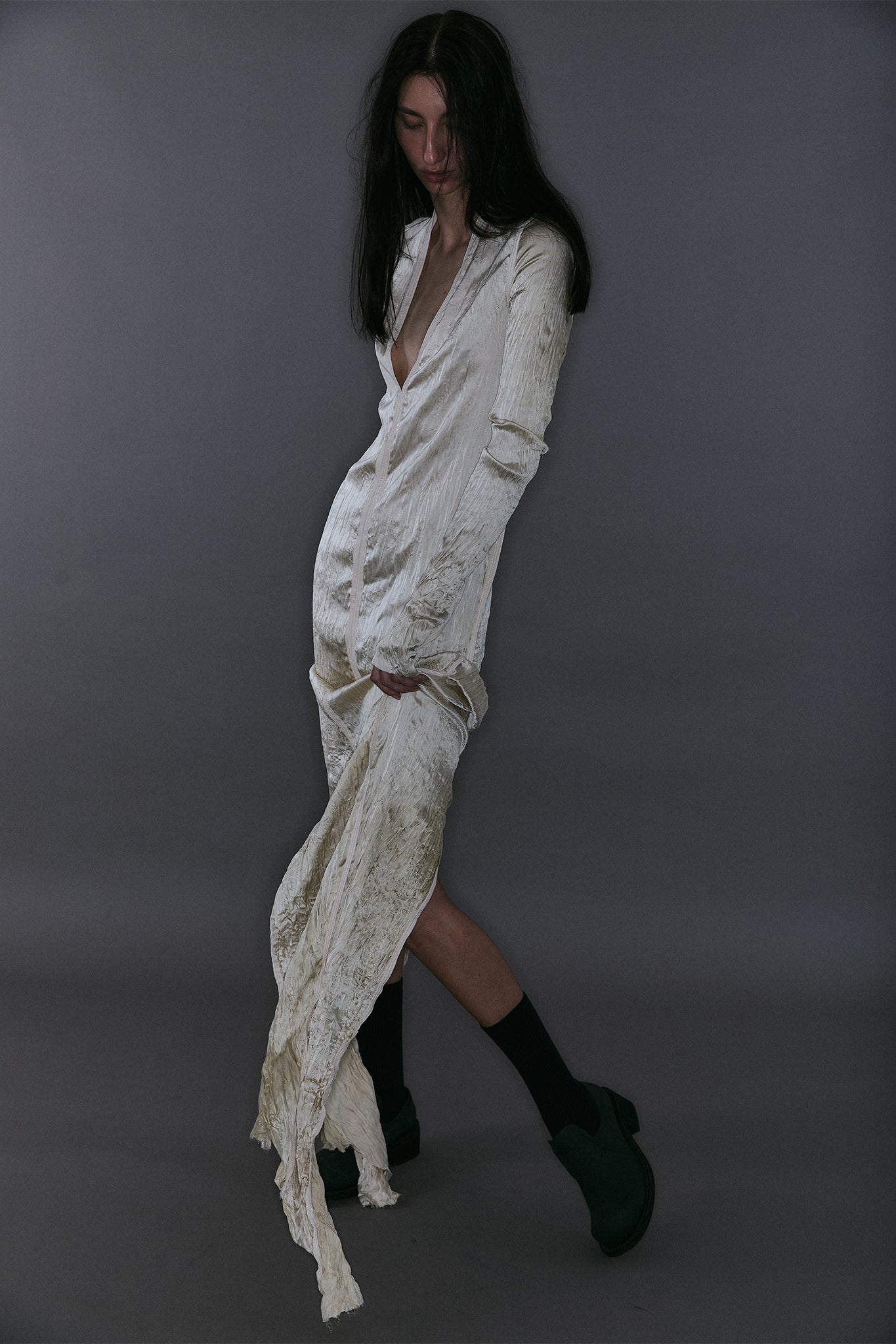 V-Neck Pleated Silk Maxi Dress - Off-White