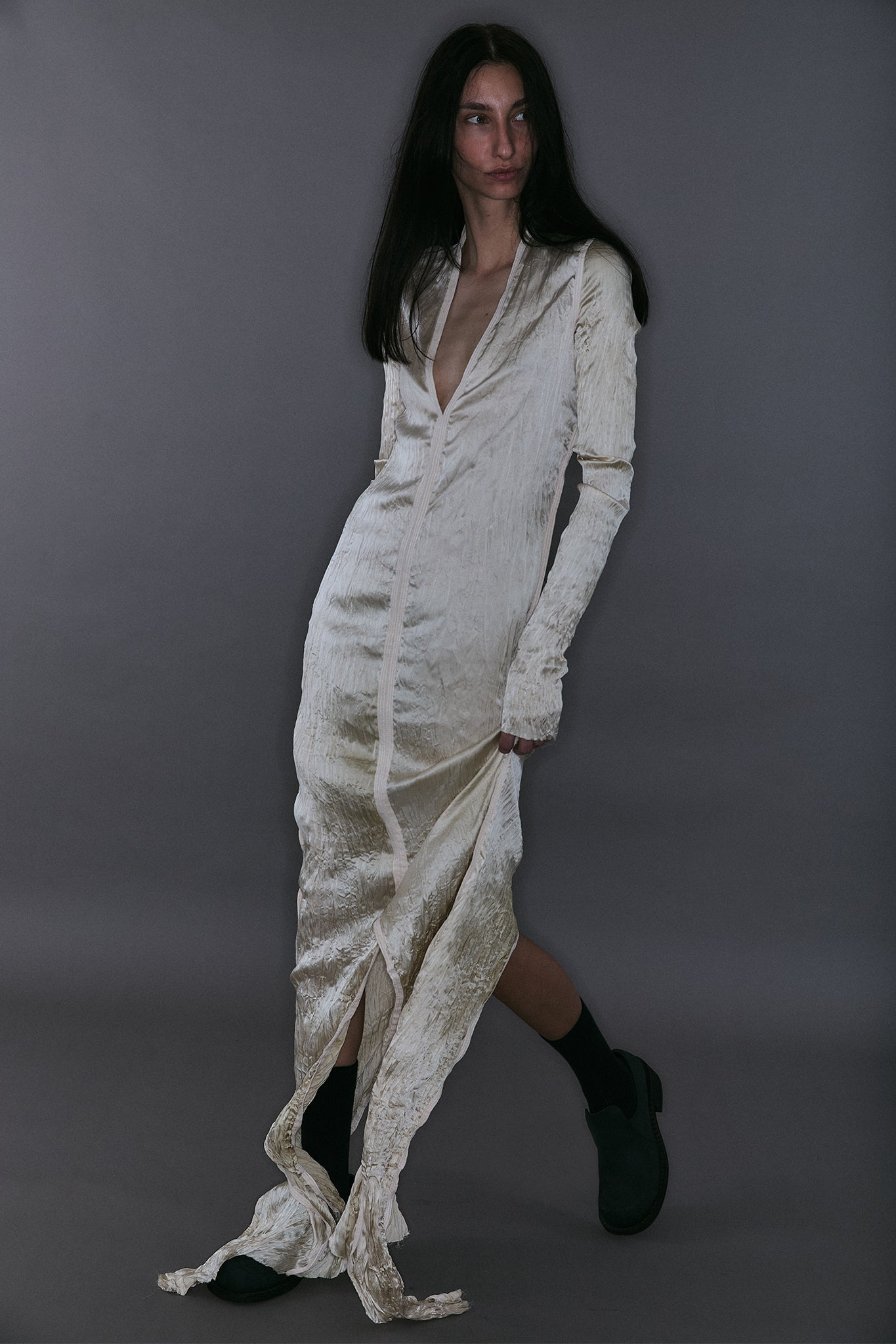 V-Neck Pleated Silk Maxi Dress - Off-White