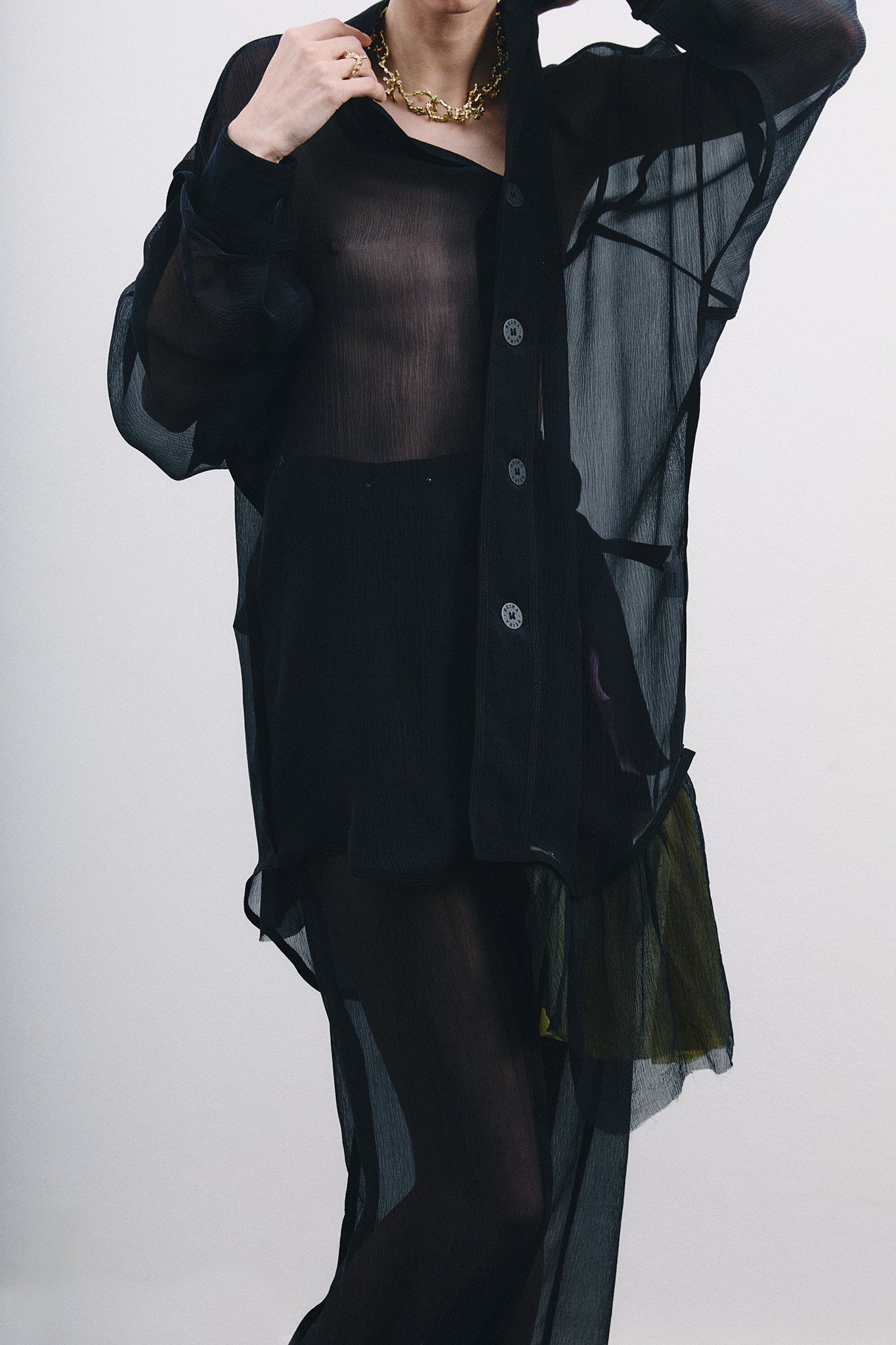 Chiffon Silk Pirate Shirt Colorful Detail - Black