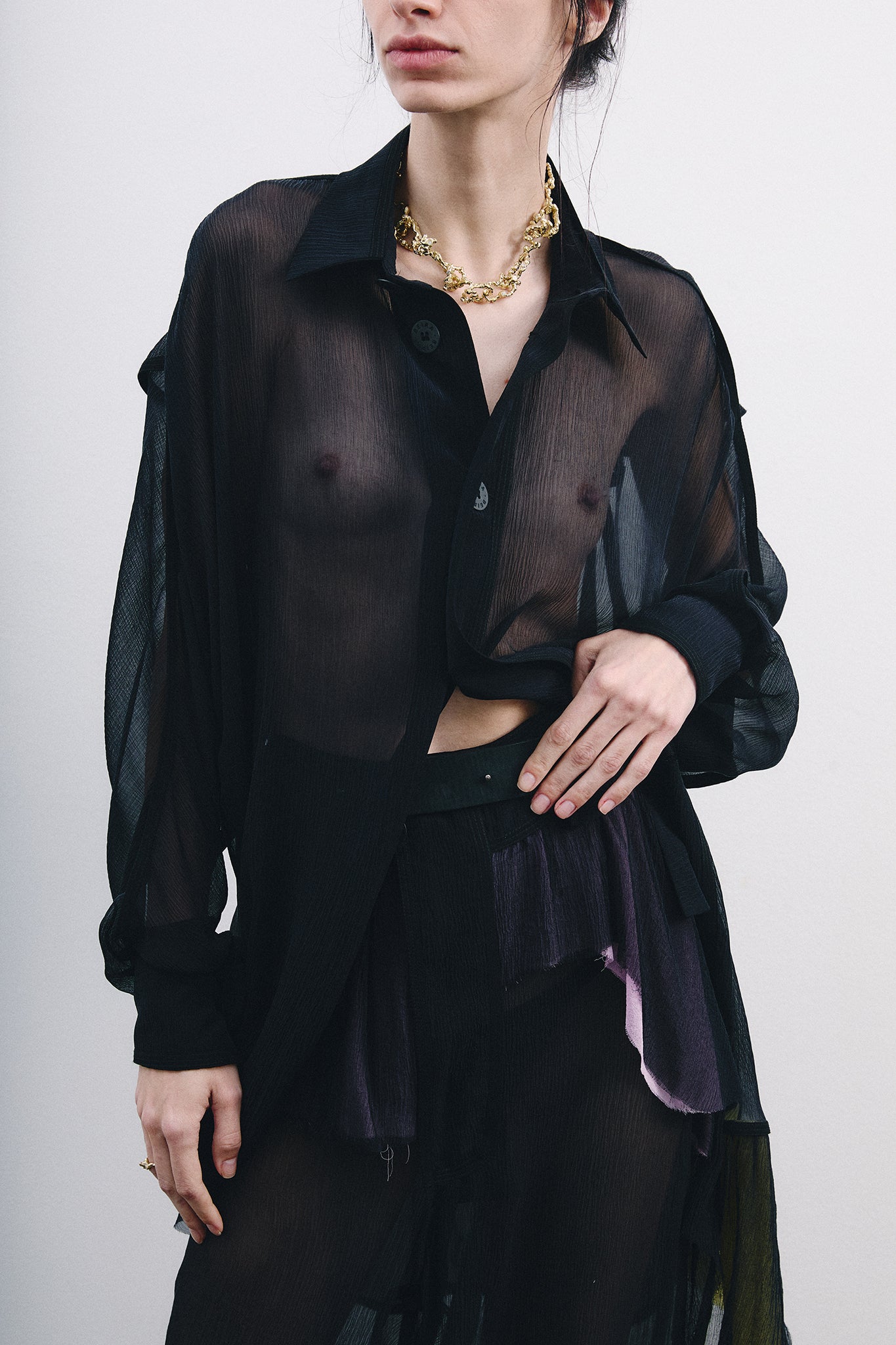 Chiffon Silk Pirate Shirt Colorful Detail - Black