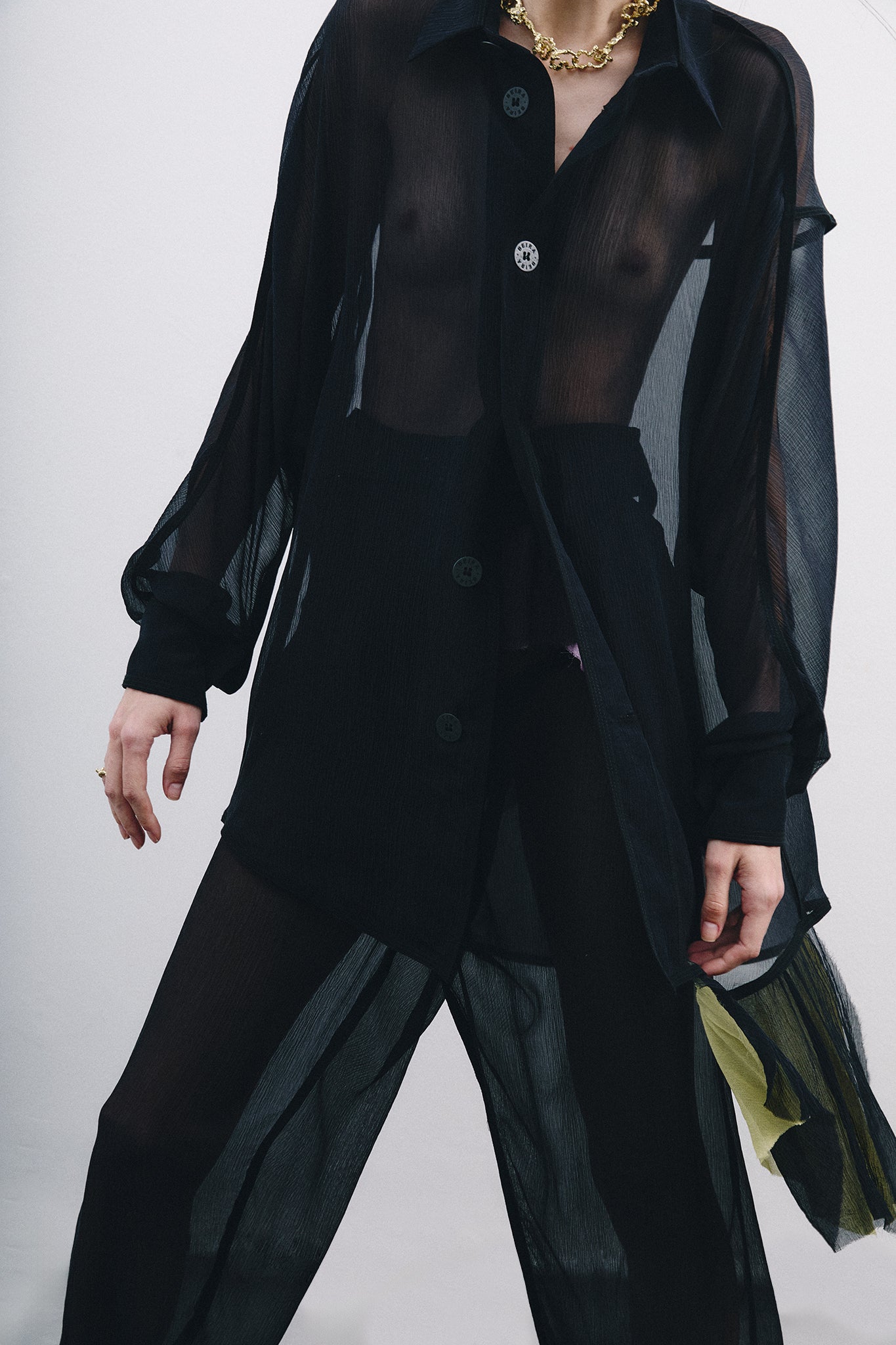 Chiffon Silk Pirate Shirt Colorful Detail - Black