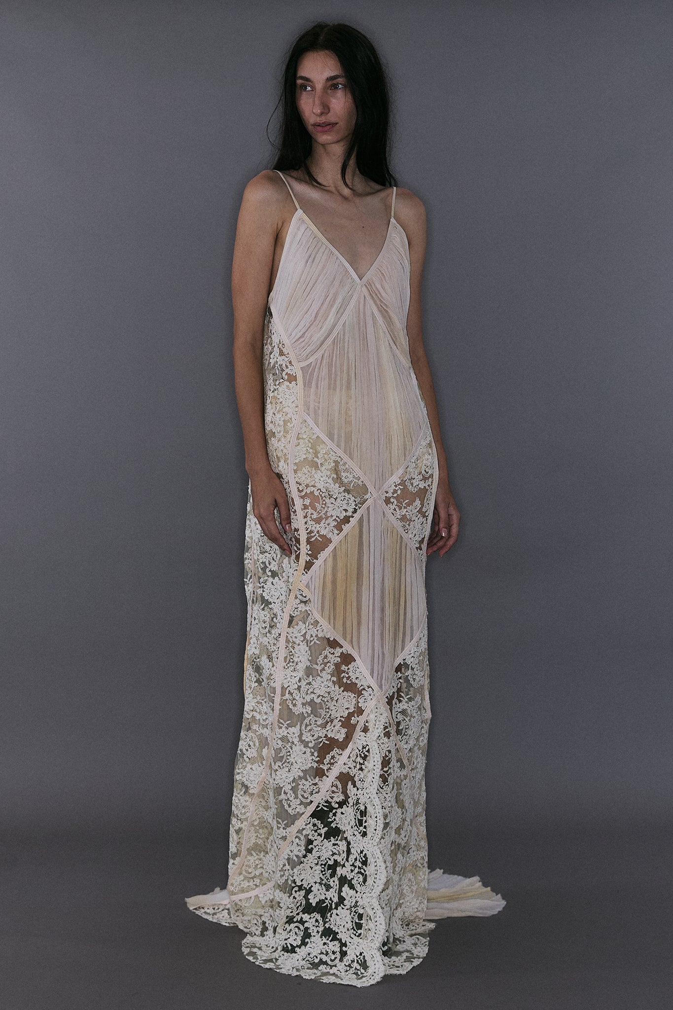 French Lace Dress with Pleated Diamonds - Off-White