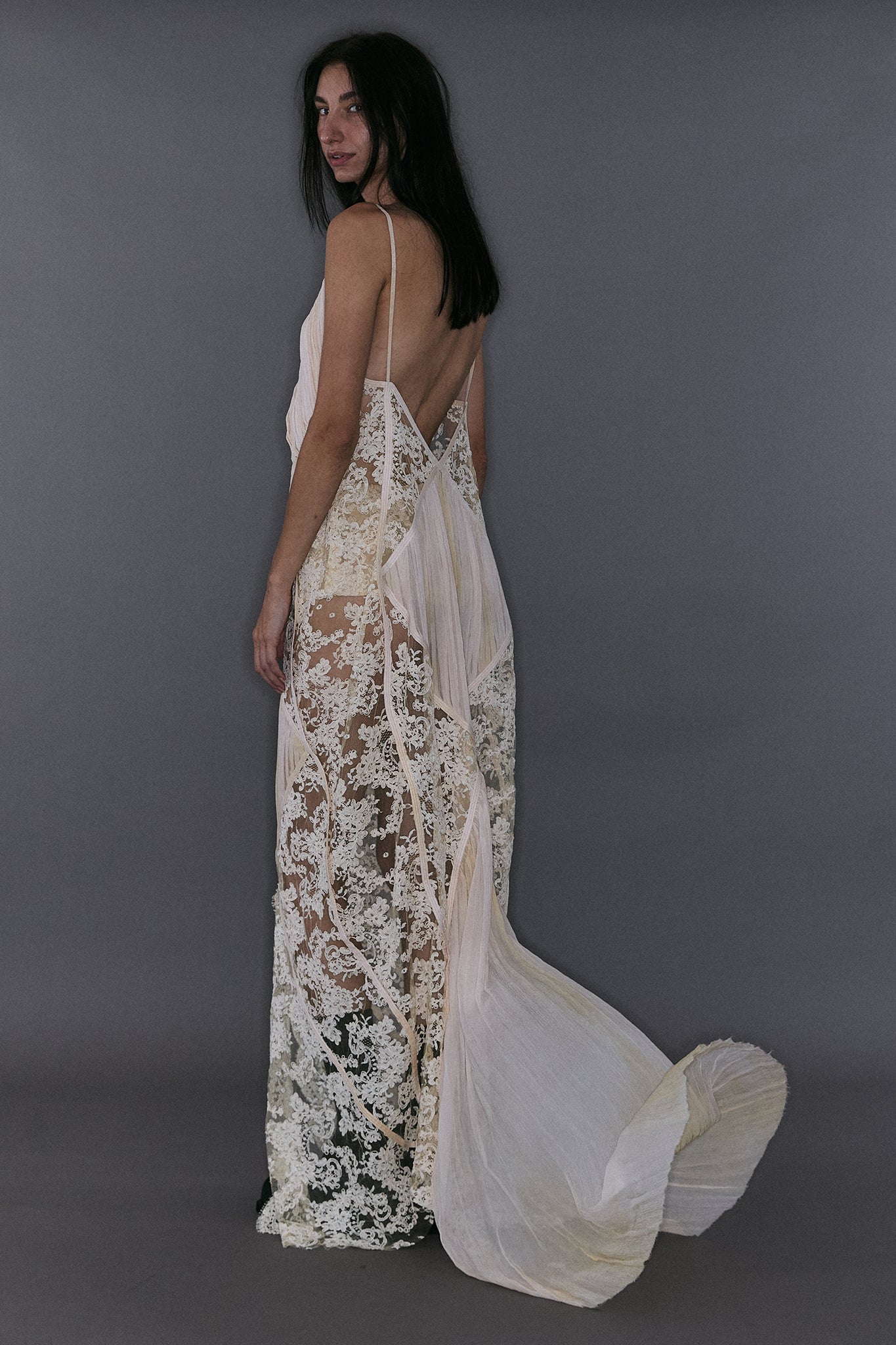 French Lace Dress with Pleated Diamonds - Off-White