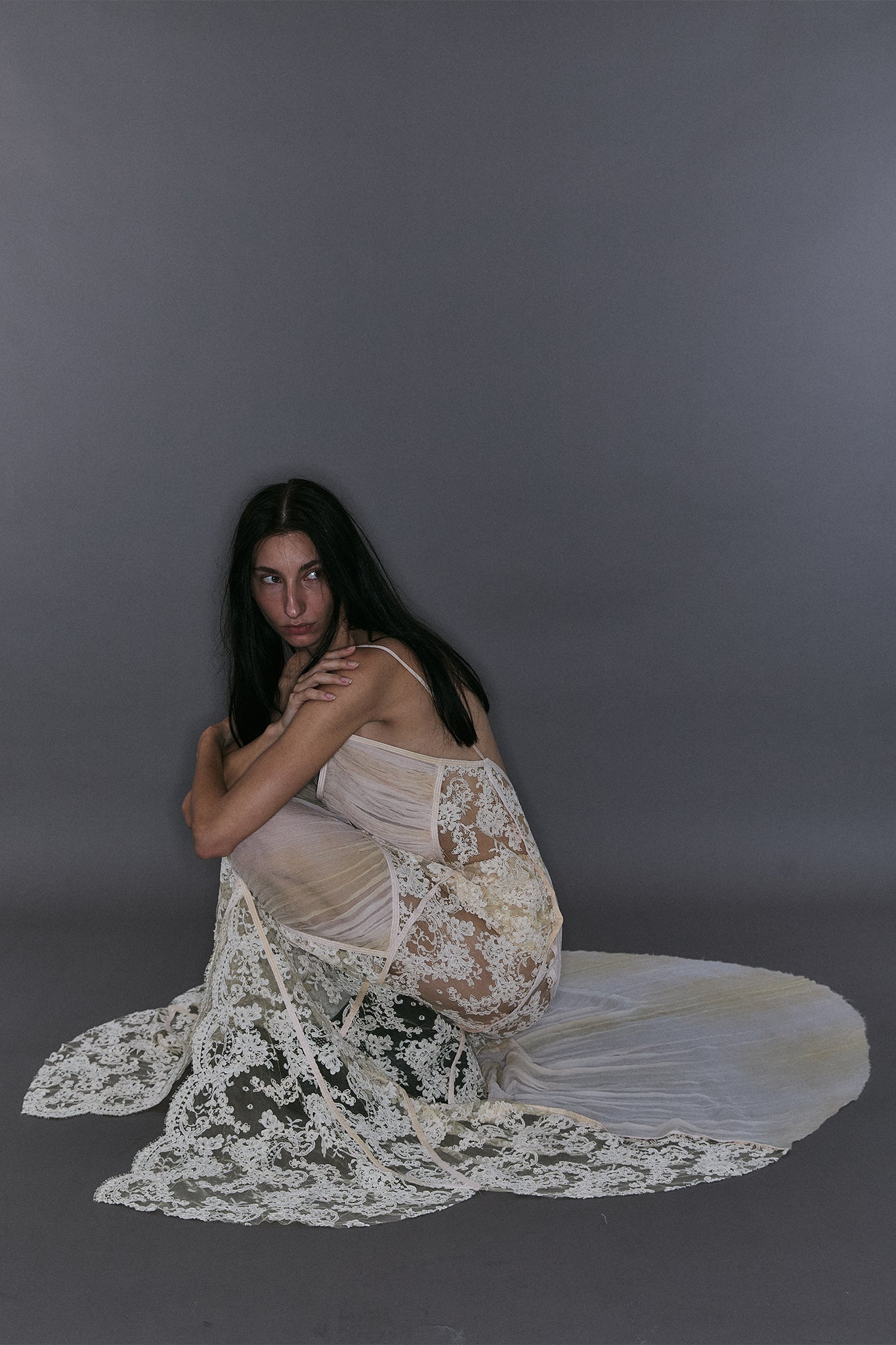French Lace Dress with Pleated Diamonds - Off-White