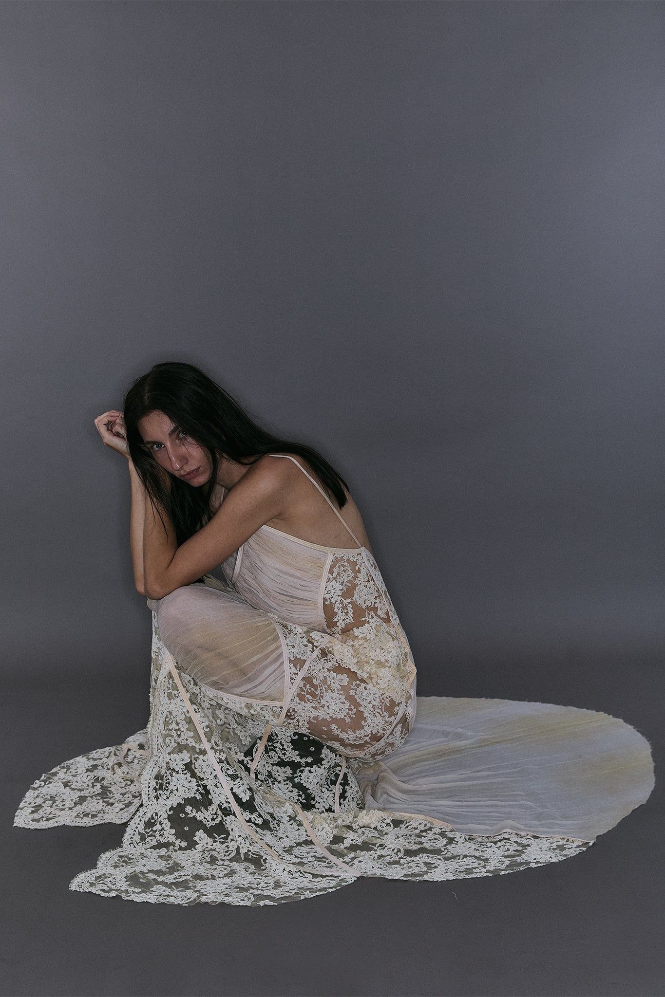 French Lace Dress with Pleated Diamonds - Off-White
