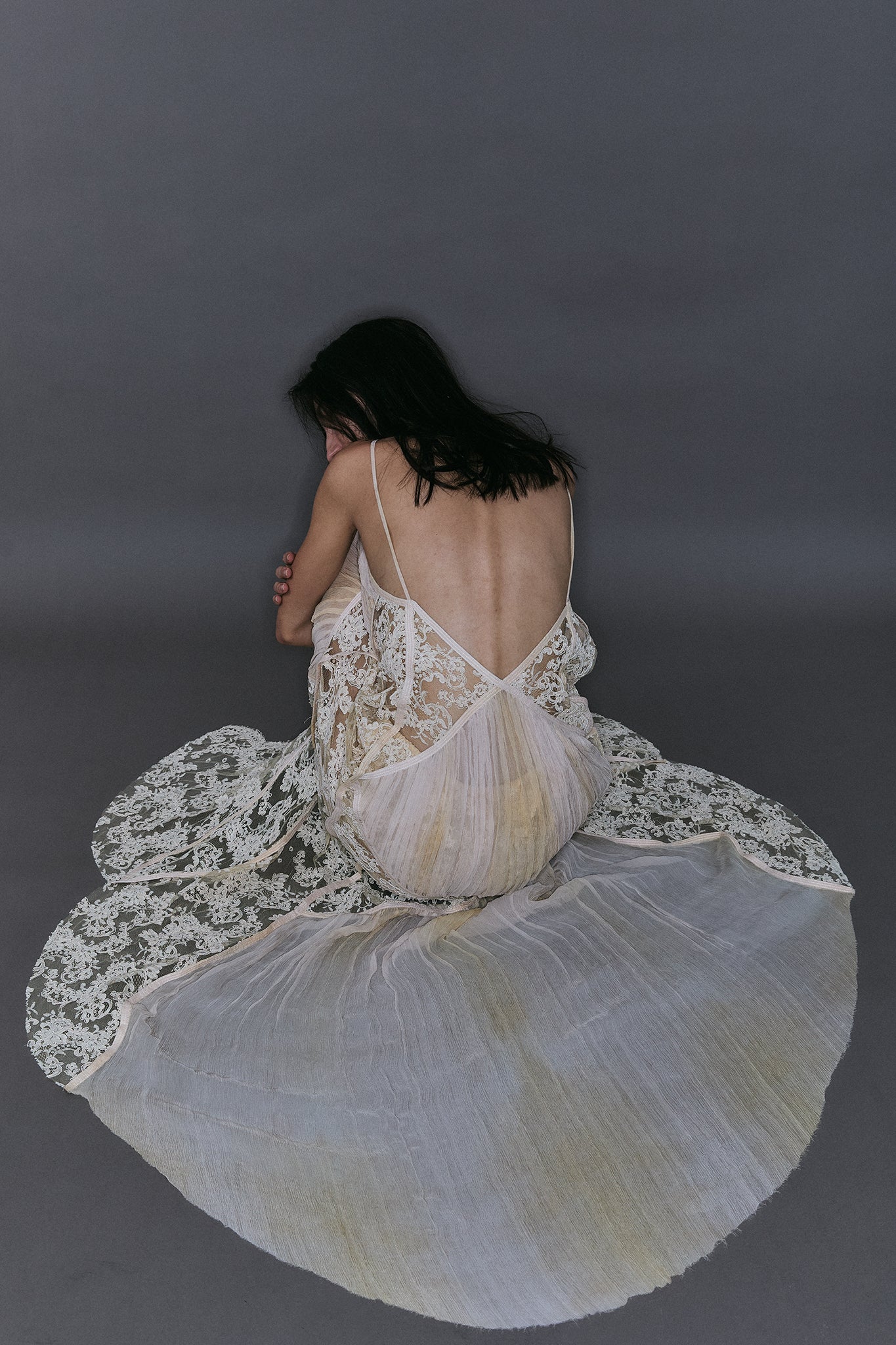 French Lace Dress with Pleated Diamonds - Off-White