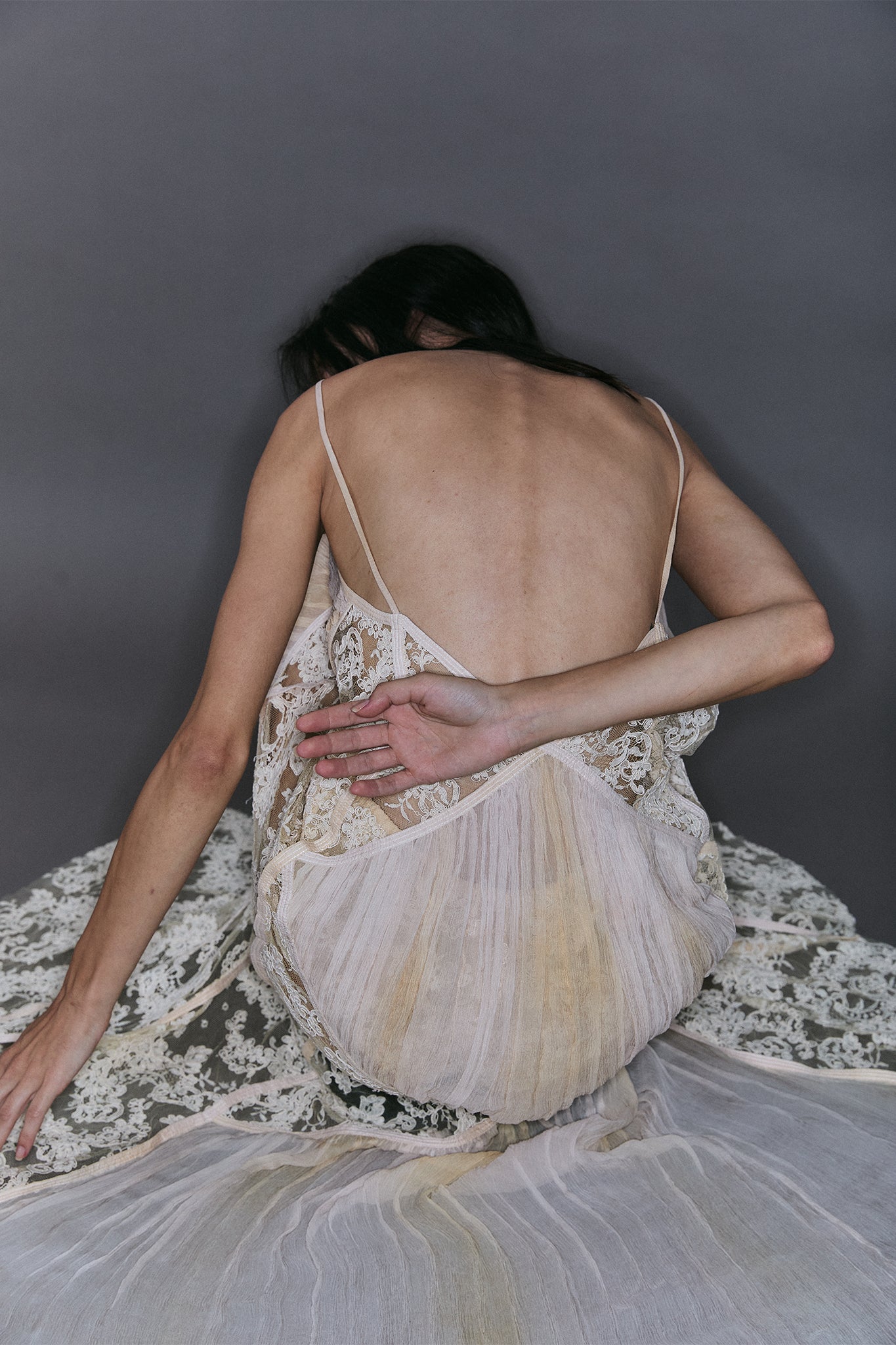 French Lace Dress with Pleated Diamonds - Off-White