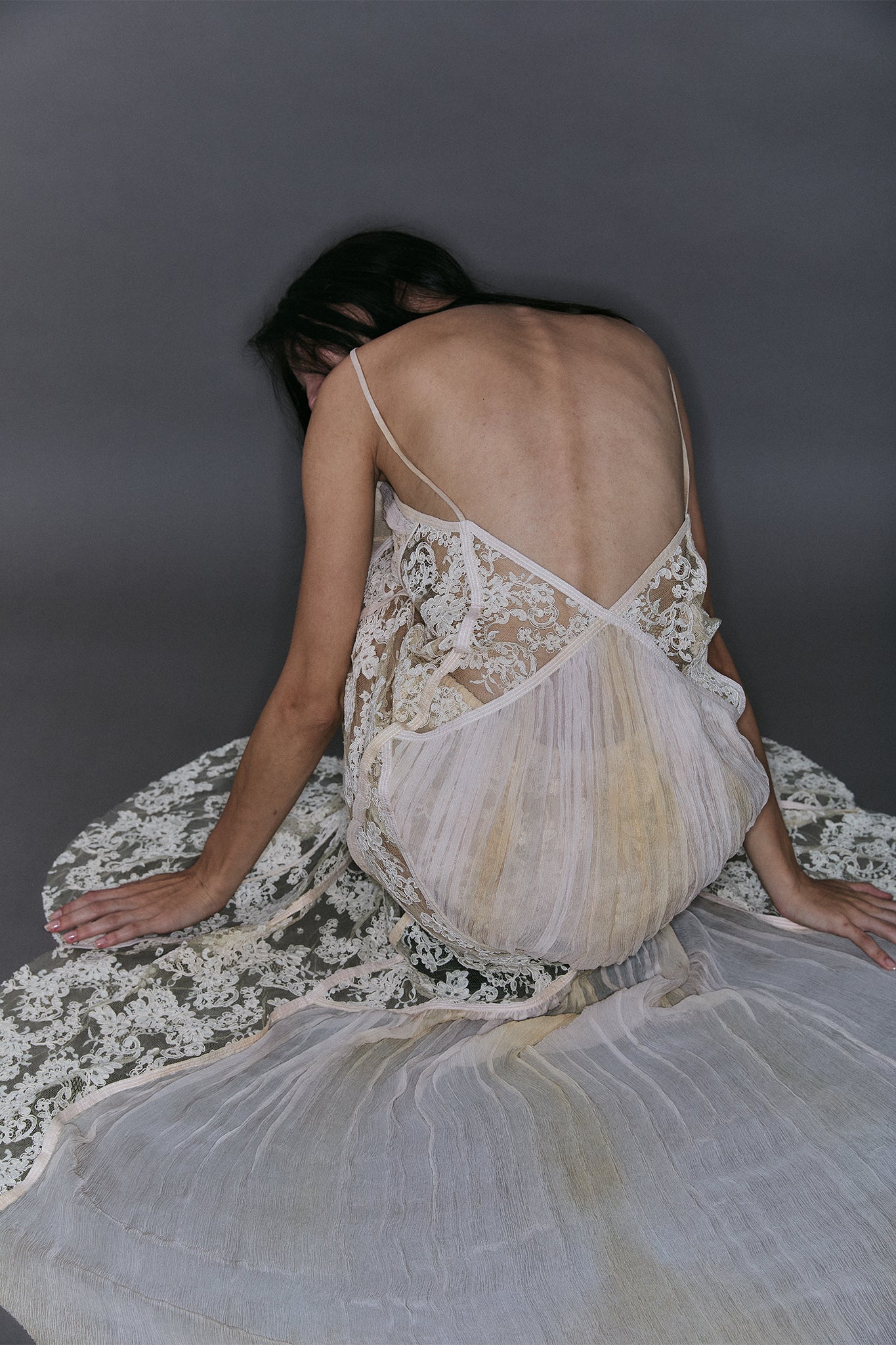 French Lace Dress with Pleated Diamonds - Off-White